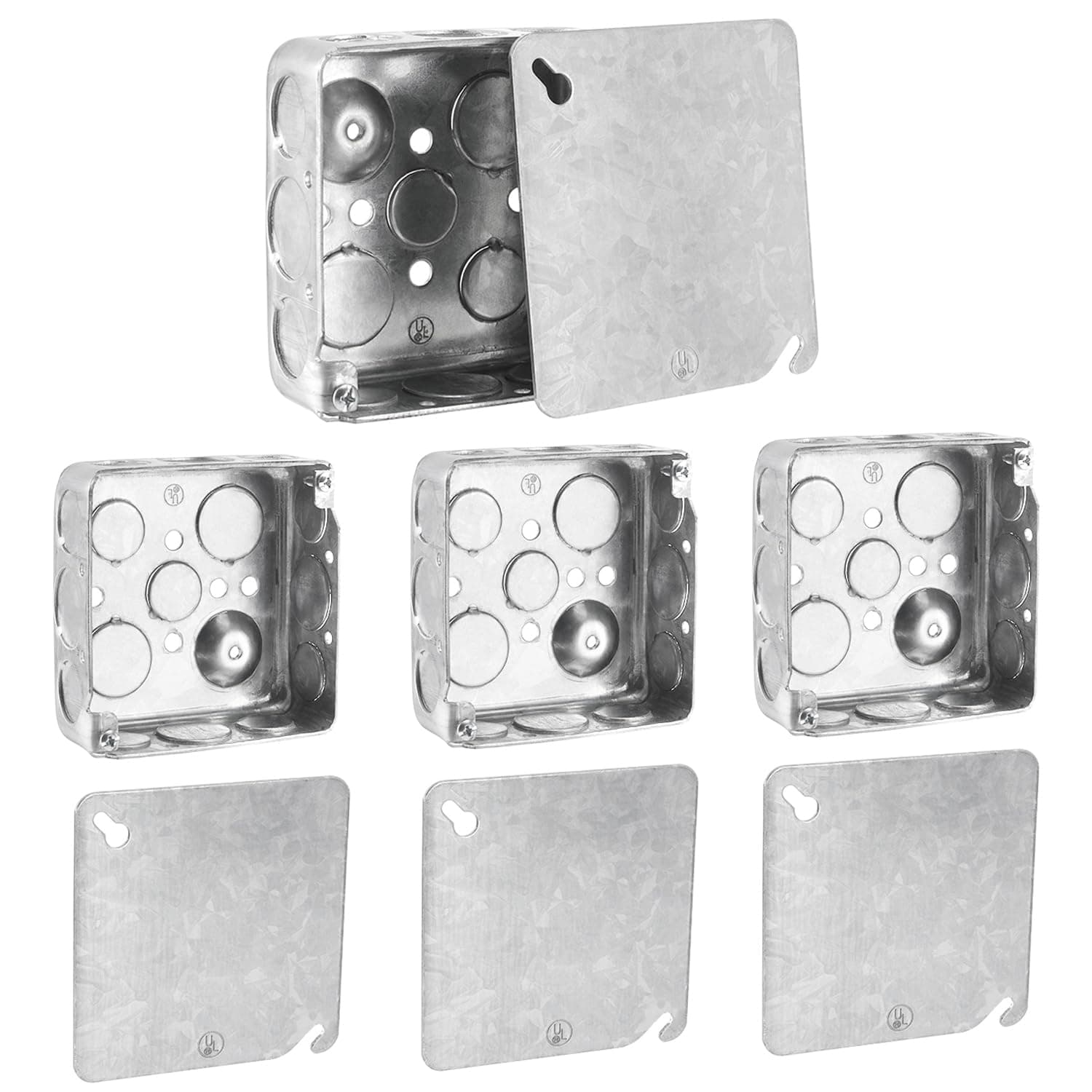 4" Square Electrical Box with Cover, 1-1/2" Deep Metal Electrical Box, Ten 1/2'' and Six 3/4'' Knockouts, Galvanized Steel, 21.0 Cu. in. Capacity Junction Box Metal