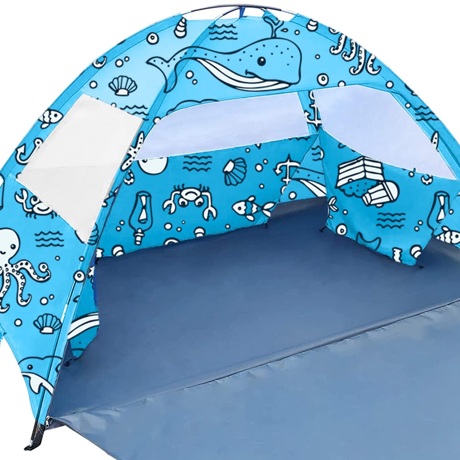 Ocean World 3-4 Person Family and Baby Beach Tent – Cool Beach Essentials for Shade, UPF 50+ UV Protection and PU800 Waterproof, Portable Pop Up Sun Shade Cabana Shelter for Kids and Toddlers,