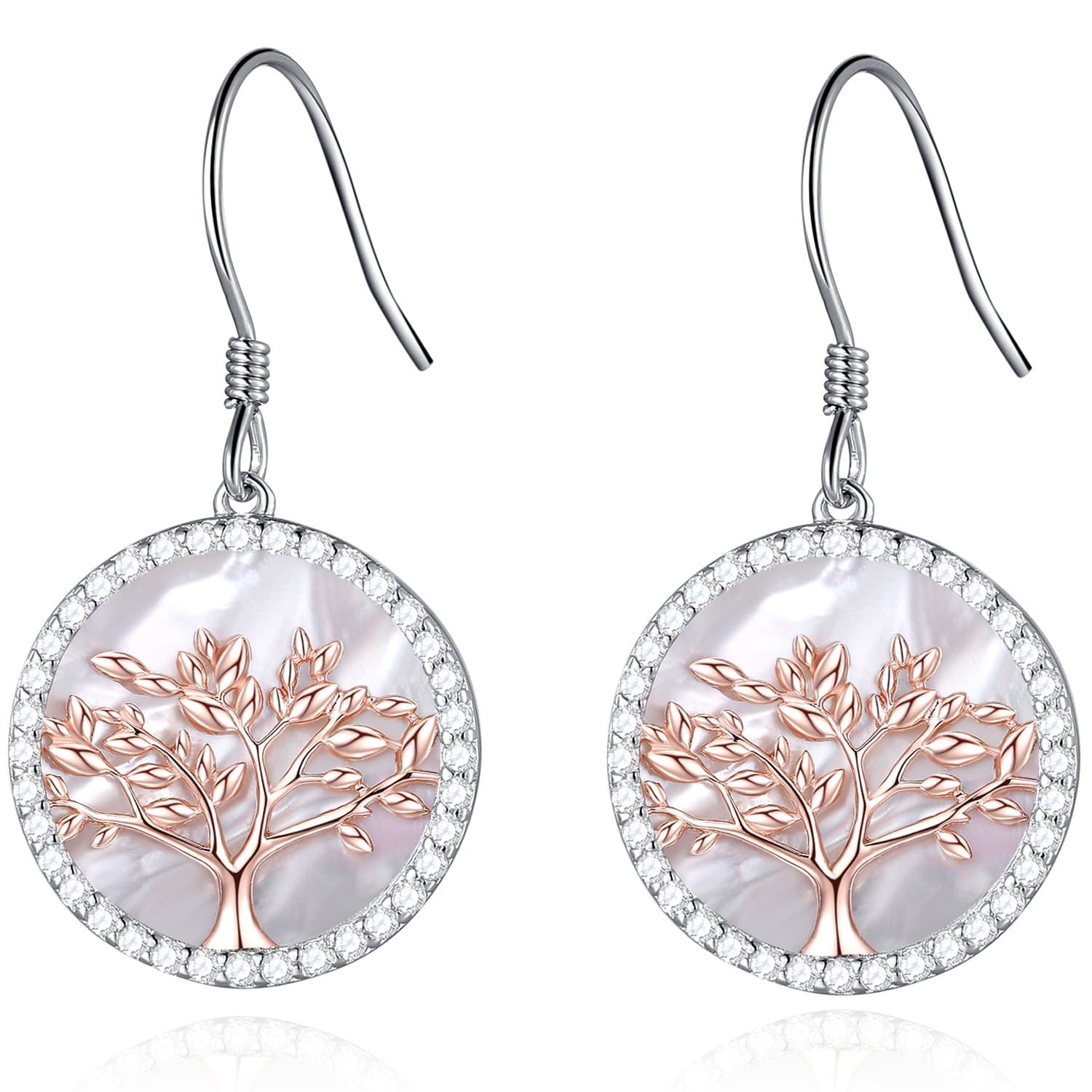 Women Tree of Life 925 Sterling Silver Mother of Pearl Rose Gold Drop Stud Earrings with Crystals Jewellery Gifts for Her Mum Wife Girlfriend