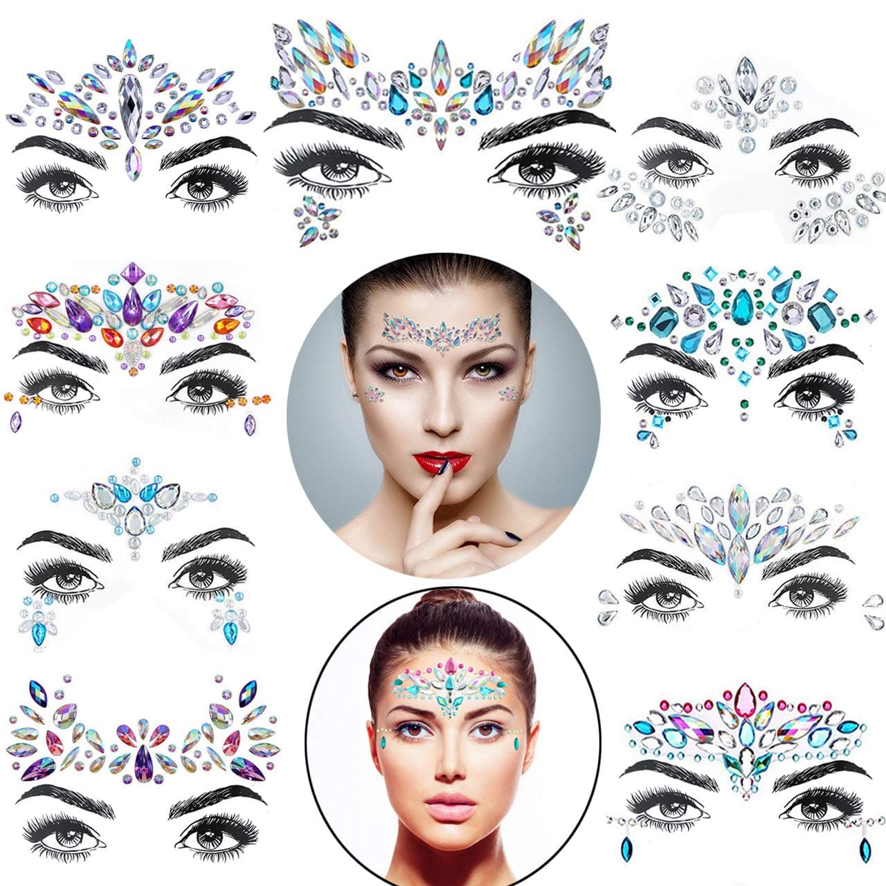 Face Gems, 9 Pcs Face Jewels Crystal Glitter Jewel Mermaid Sticker Bindi Adhesive Rhinestone Temporary Tattoo Eyebrow Body Stickers for Festival Rave Party