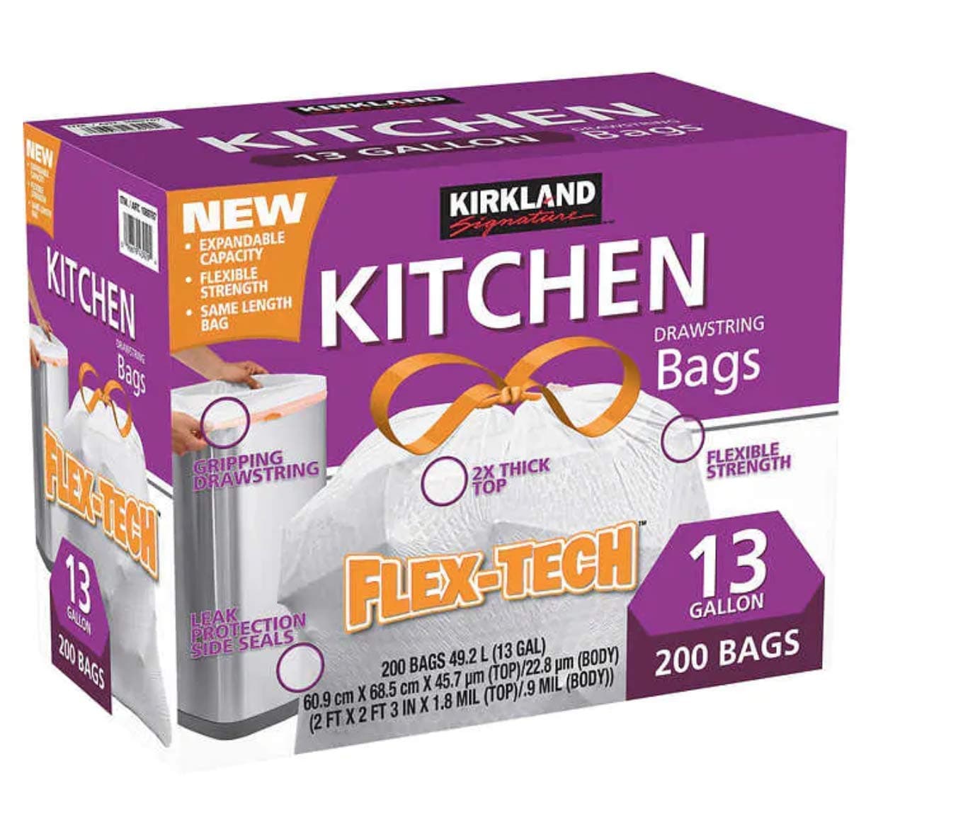 KIRKLAND SIGNATURE Flex-Tech 13-Gallon Kitchen Trash Bag, 200-count