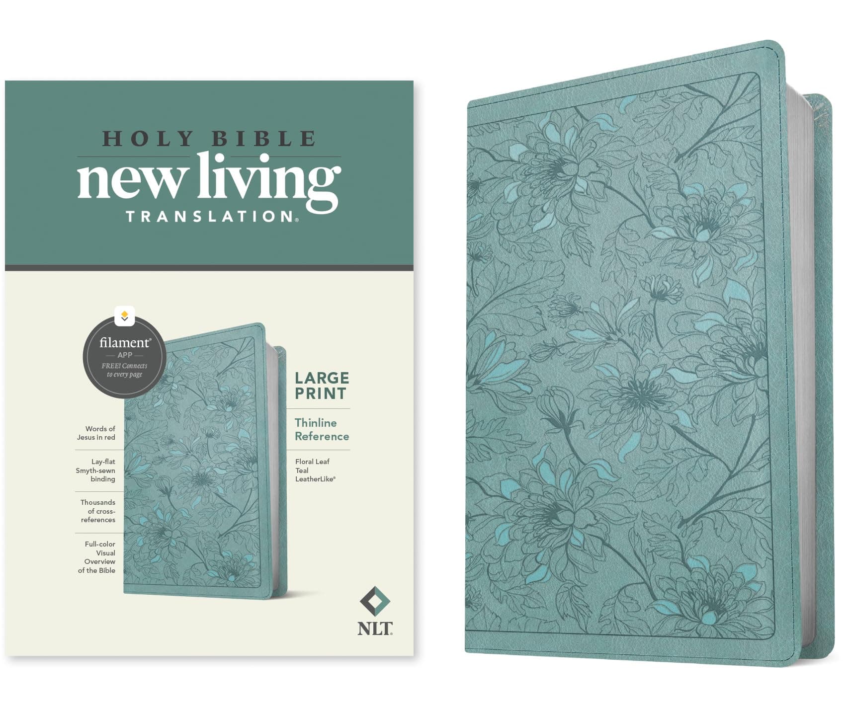 NLT Large Print Thinline Reference Bible, Filament-Enabled Edition (LeatherLike, Floral Leaf Teal, Red Letter)
