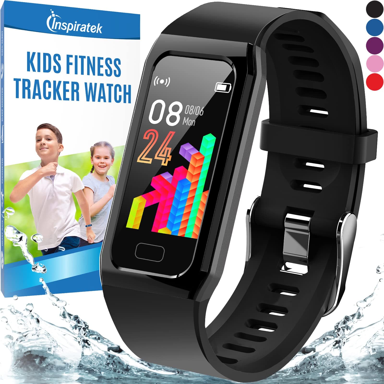 Inspiratek Kids Fitness Tracker for Girls and Boys (Age 5-16) - Waterproof Fitness Watch with Heart Rate Monitor, Sleep Monitor, Calorie Counter and More - Activity Tracker (Black)