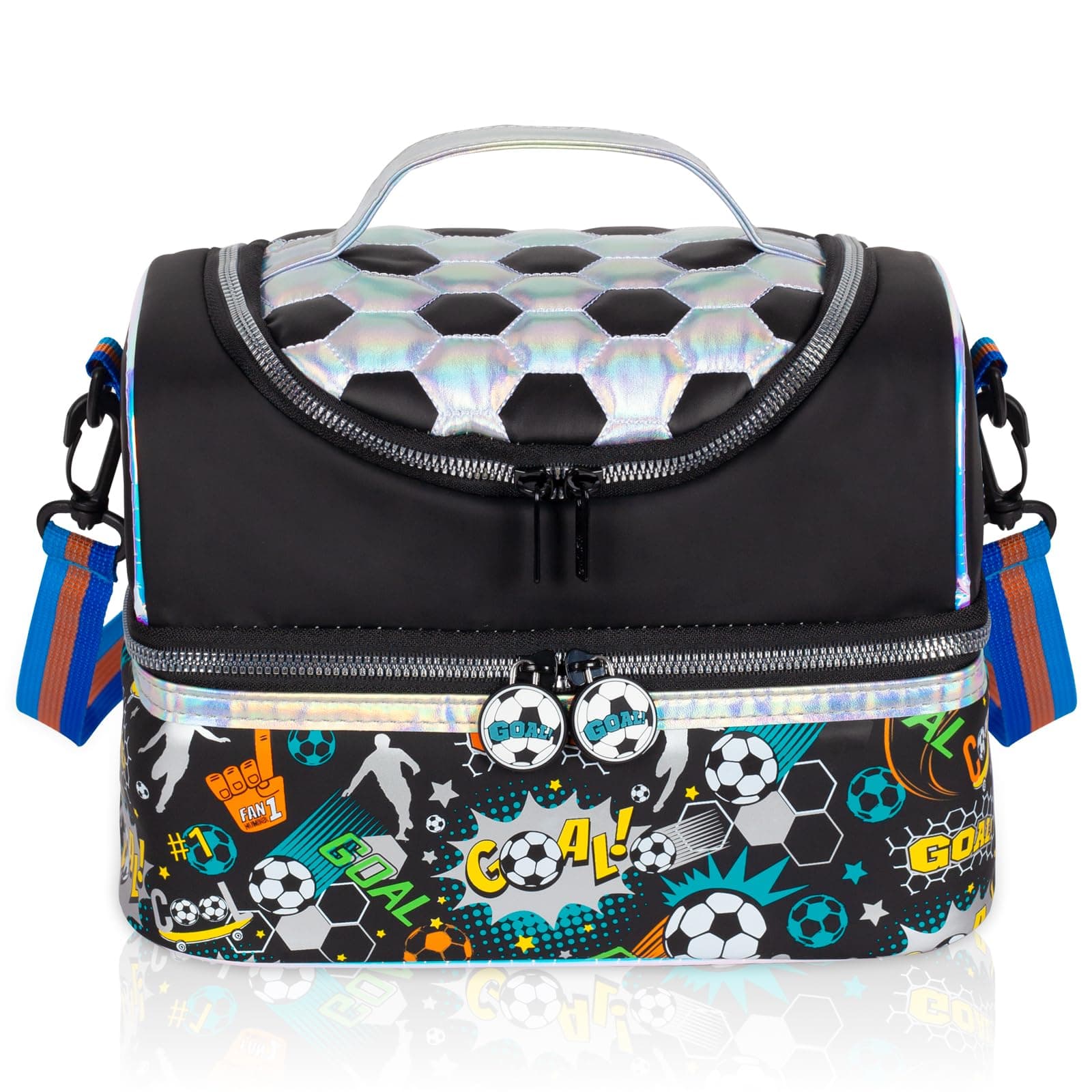 Kids Double Decker Cooler Insulated Lunch Bag, Back to School Large Meal Tote for Boys, Girls, Men, Women, with Adjustable Strap, Soccer