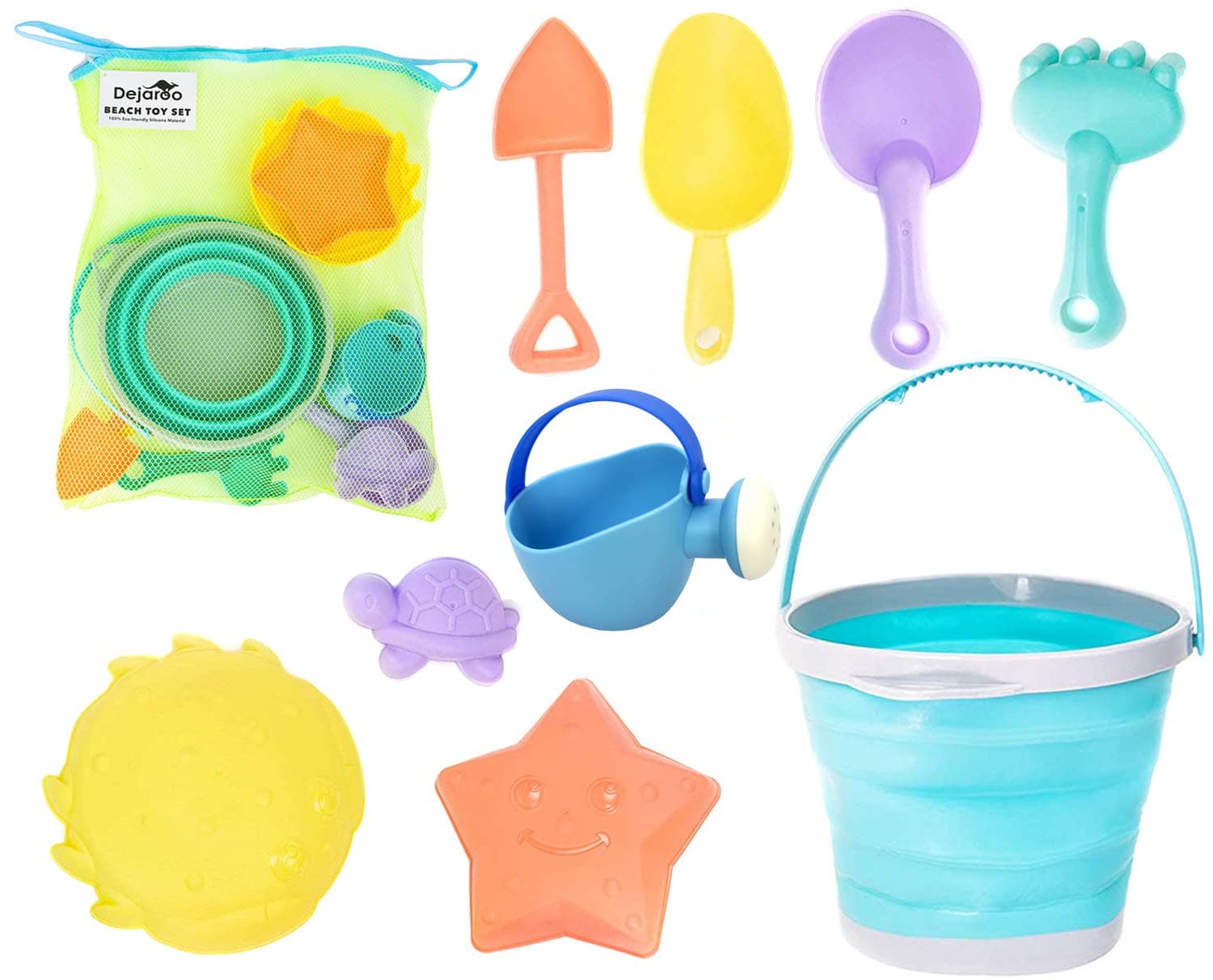 Dejaroo - Beach Toys, Sand Box Toys for Kids Outdoor, Set of Sand Toys with Silicone Collapsible Bucket, Kids Watering Can, Shovels, & A Variety of Molds, Includes Storage Pouch, 9-Piece Set