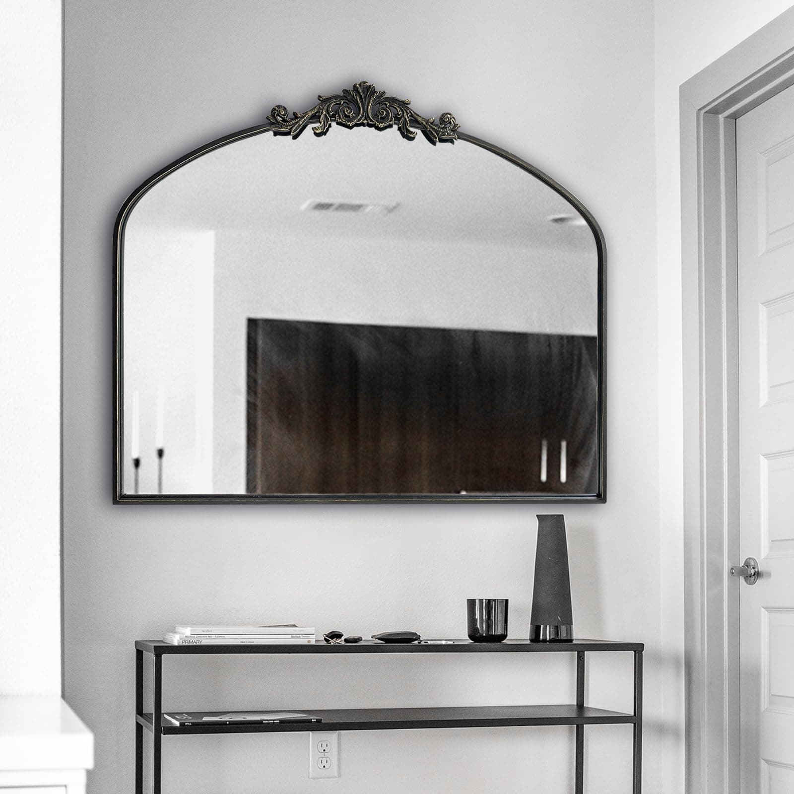 Black Arched Mirror for Wall,Baroque Fireplace Mirror Decor,Brass Wall Mirror,Ornate Mirrors for Entryway/Bathroom/Living Room/Hallway 36"X30" …
