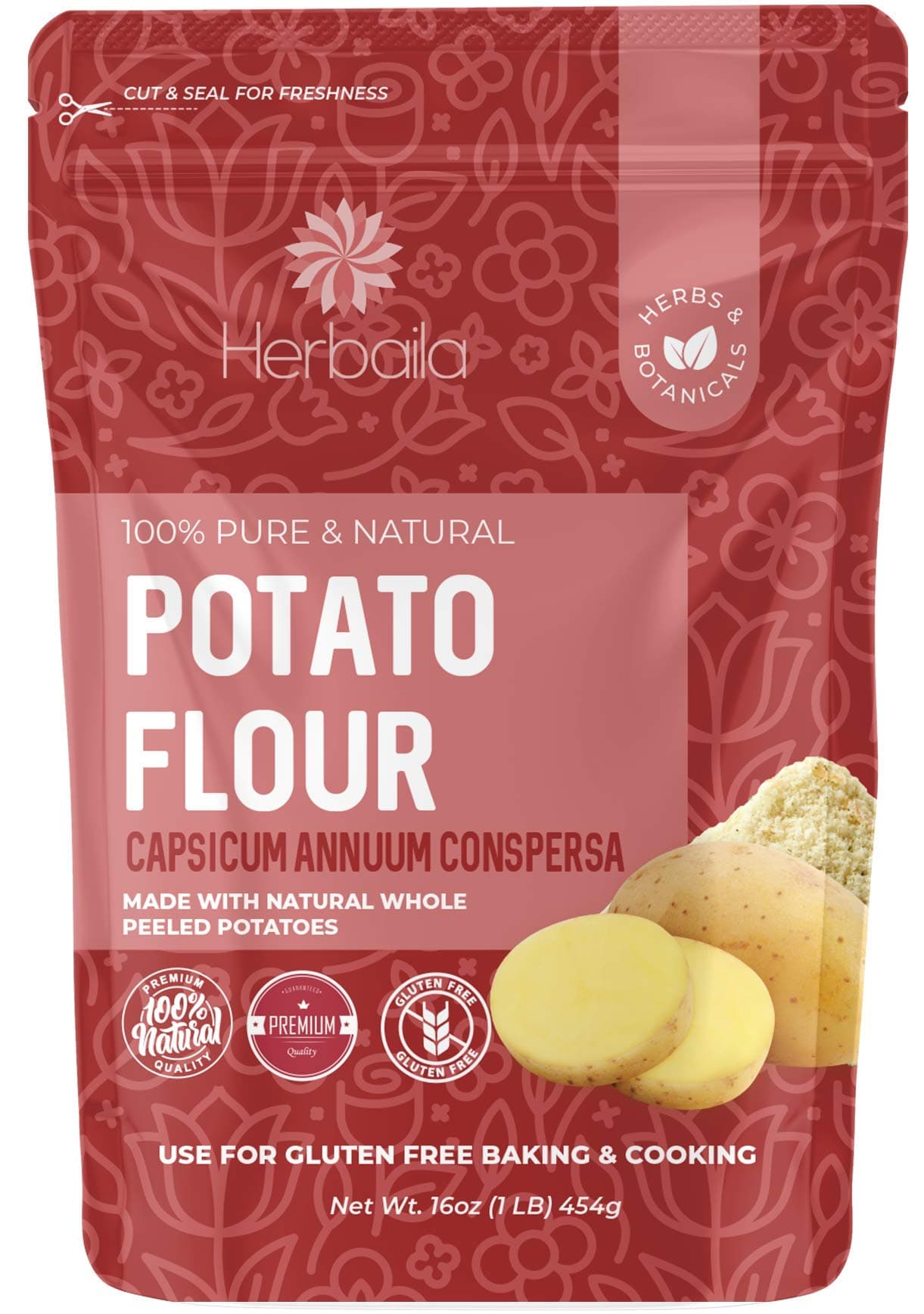 Herbaila Potato Flour 32oz, Potato Bread Flour, Gluten Free Flour, Made from Whole Potatoes, Very Fine, Non-GMO