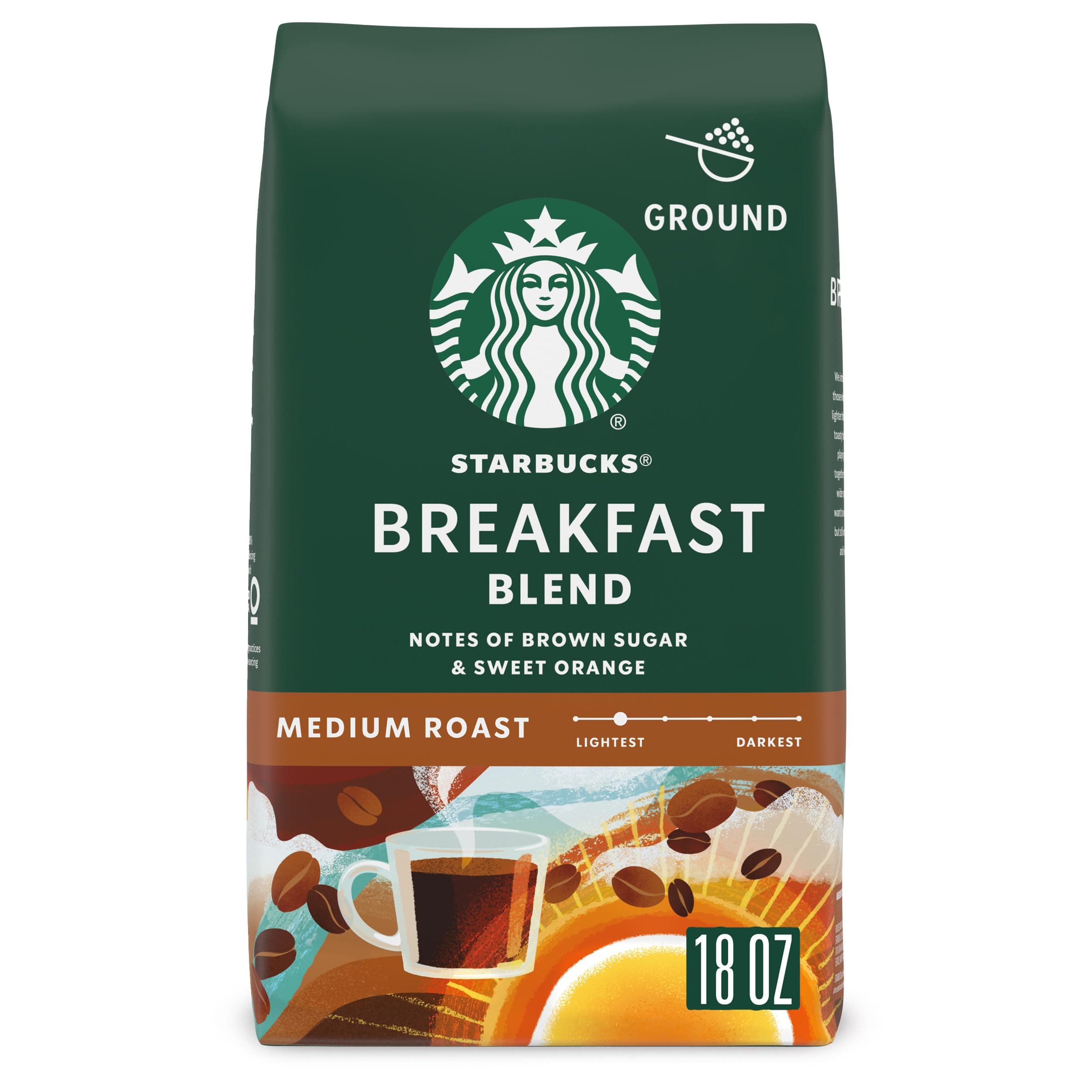 Ground Coffee, Medium Roast Coffee, Breakfast Blend, 100% Arabica, 1 bag (18 oz)