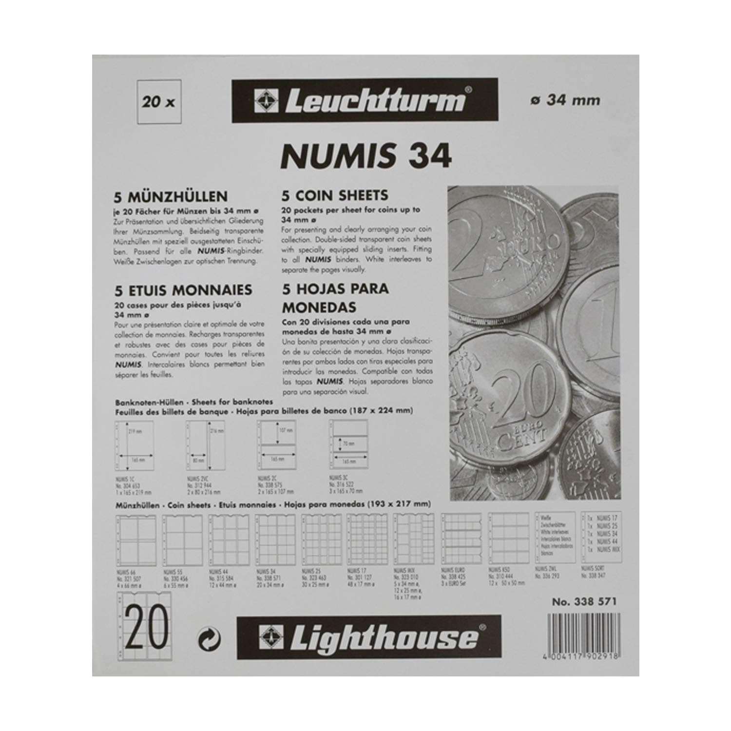 338571 Coin Sleeves Numis 34, 20 compartments for coins up to Ø 34 mm - 2, 5 and 10 euro commemorative coins - pack of 5