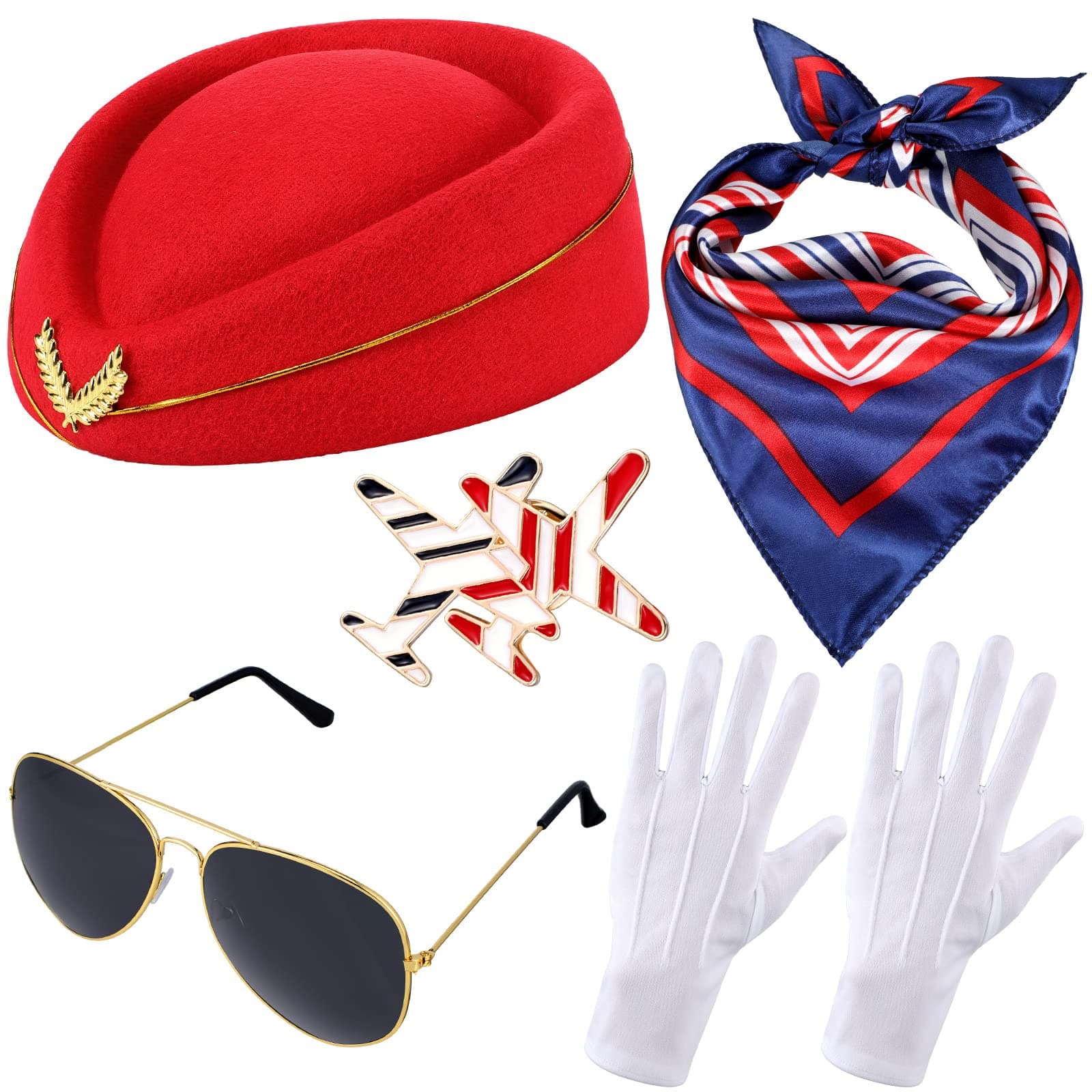 Bencailor 7 Pcs Christmas Women Flight Attendant Costume Accessories Stewardess Outfits Bellhop Hat Scarf Sunglasses Gloves