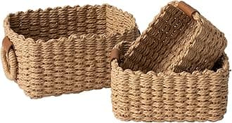 LA JOLIE MUSE Woven Storage Baskets, Recycled Paper Rope Bin Organizer Divider for Cupboards Drawer Closet Shelf Dresser, Set of 3 (Desert)