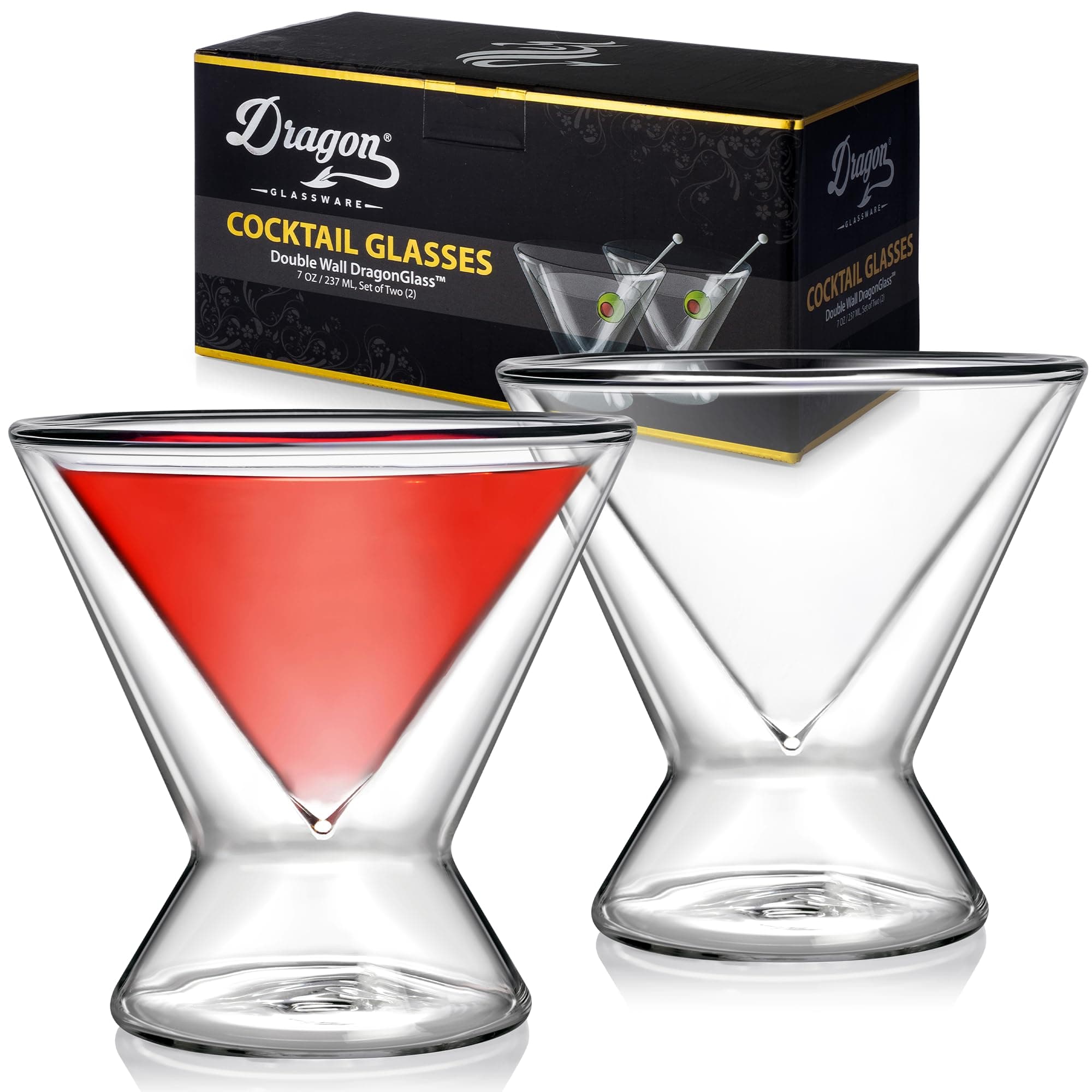 Dragon Glassware Stemless Martini Glasses - 7 oz Clear Set of 2 - Double Wall Insulated Cocktail Glass Set - Unique and Fun Gift for Espresso Martini Lovers