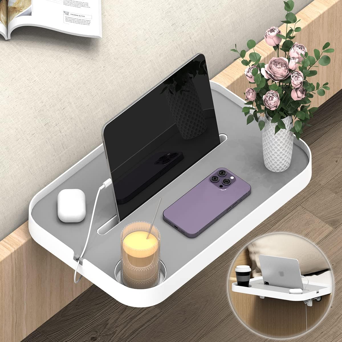 Bedside Shelf for Bed, Clip-On Bedside Shelf Nightstand for Dorm Bunk Bed, Organizer Shelf with Cup Holder, iPad Slot, Mute Design- White (College Essentials)