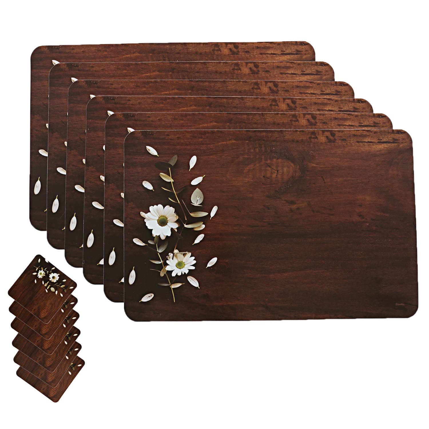 KUBER INDUSTRIES Wooden Design Floral PVC 6 Piece Dining Table Placemat Set with Tea Coasters multicolor (CTKTC02159)