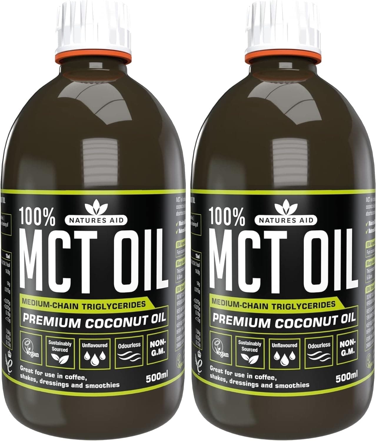 Natures Aid 100% MCT Oil - Premium Coconut Oil 500ml (Pack of 2)