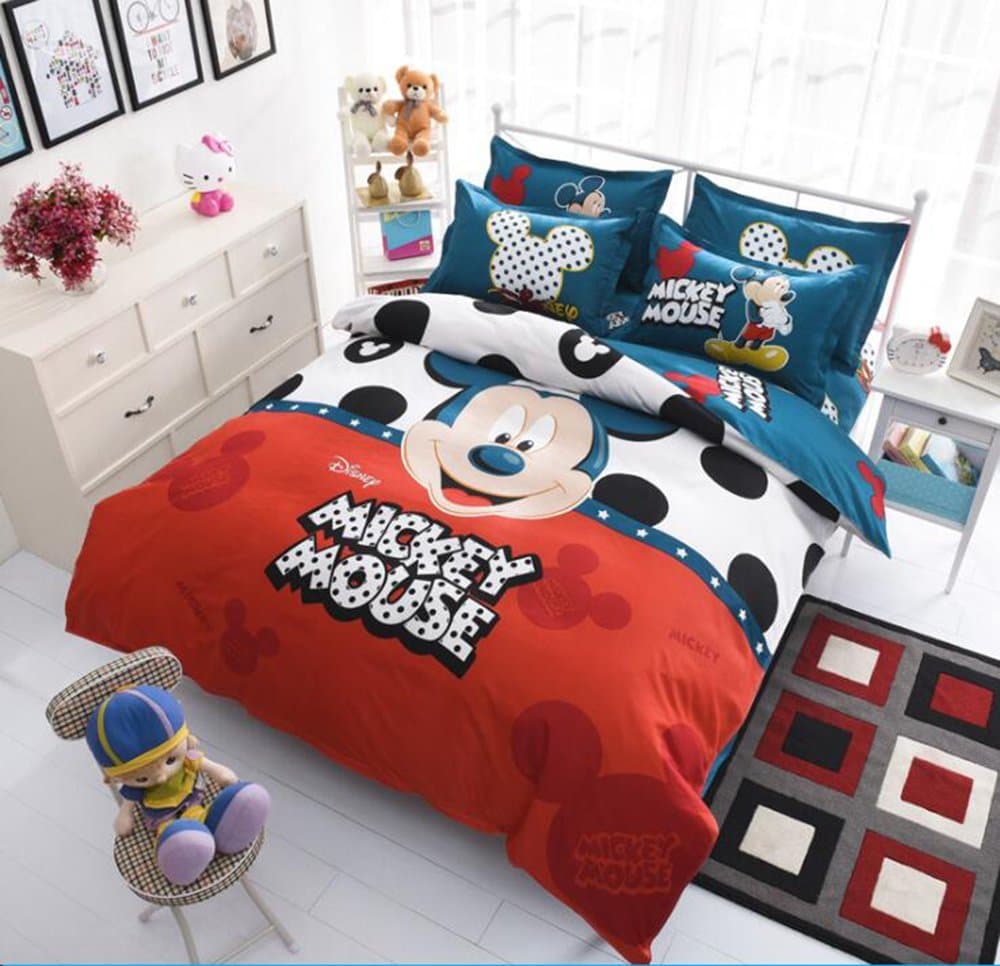 Disney Pattern Comforter Cover Set 4pc Cartoon Bedding Set Mickey Minnie Bed Sheet Quilt Pillow Cover (Full, Mickey Mouse)