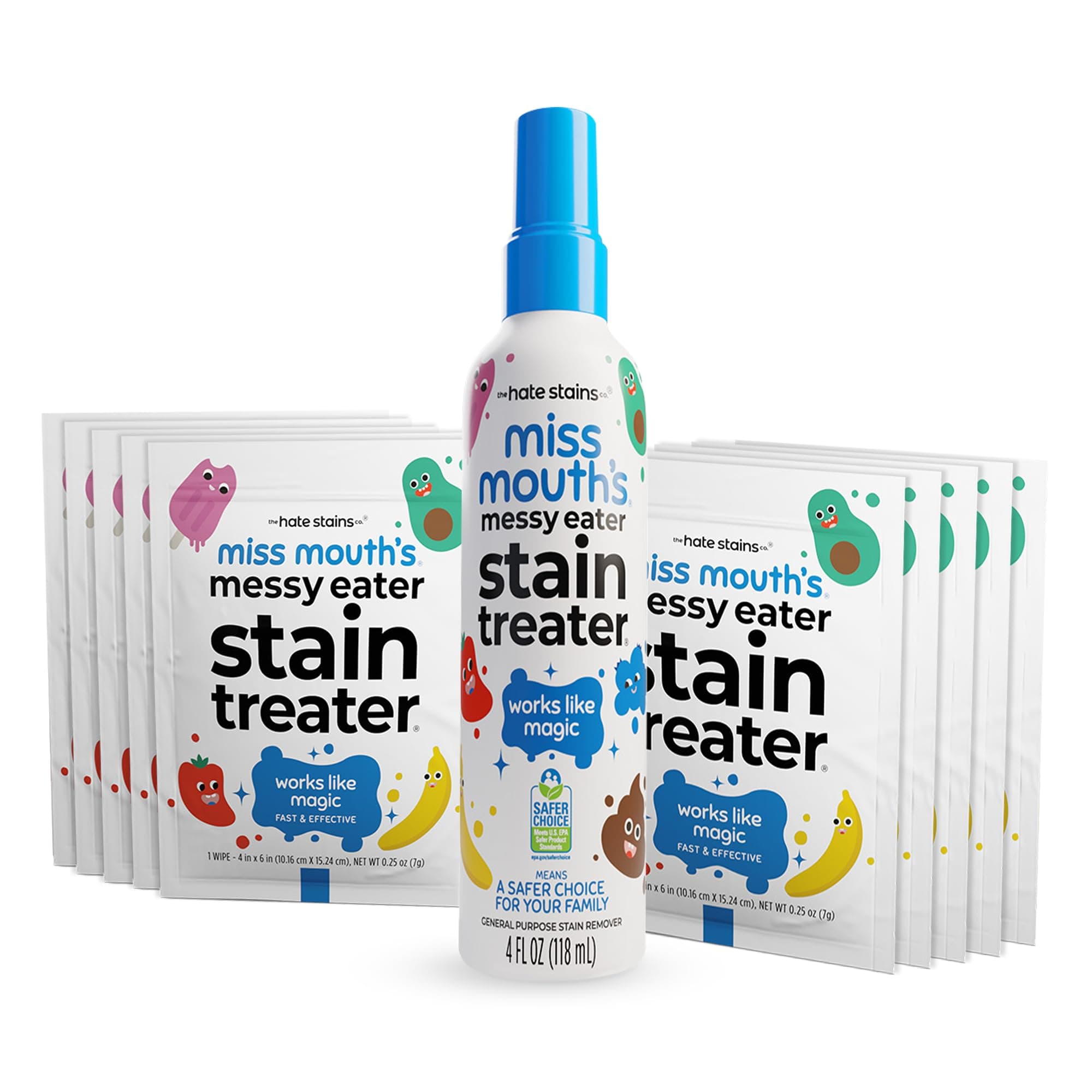 Miss Mouth's Messy Eater Non-Toxic Baby and Kids Stain Remover for Clothing, Carpet, Fabric, and Upholstery. Kid d and Mom Approved (120ml, 4 oz Spray Bottle & 10 Wipes)