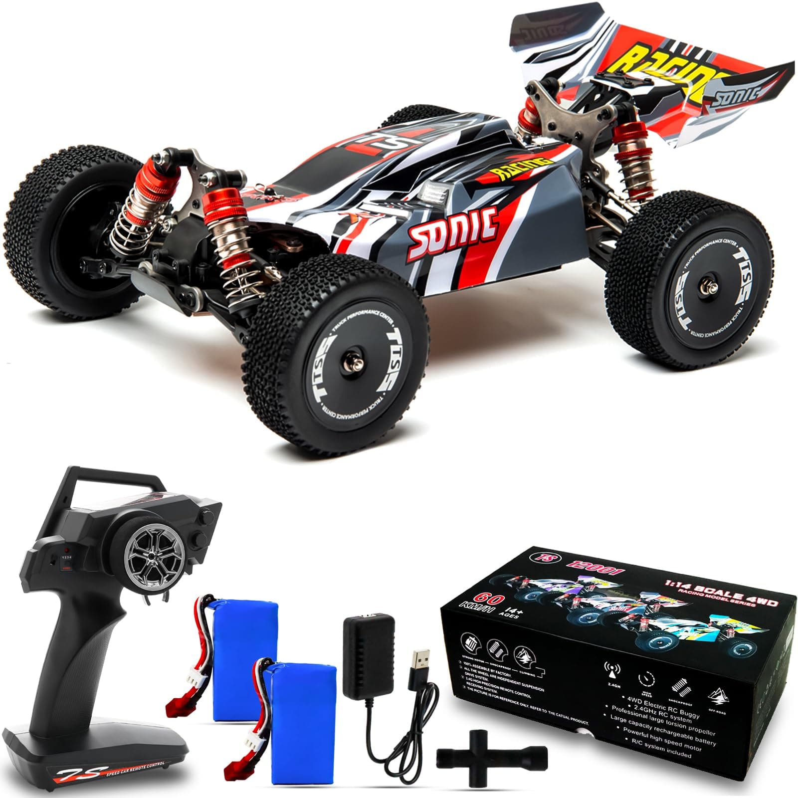 1:14 Fast RC Cars for Adults, Max 60KM/H Hobby Electric RC Trucks Hobby Remote Control Car 4X4 All Terrain Off-Road Racing Buggy Two Batterie Waterproof Truck Boy Girl Adults Toy Cars for Gift