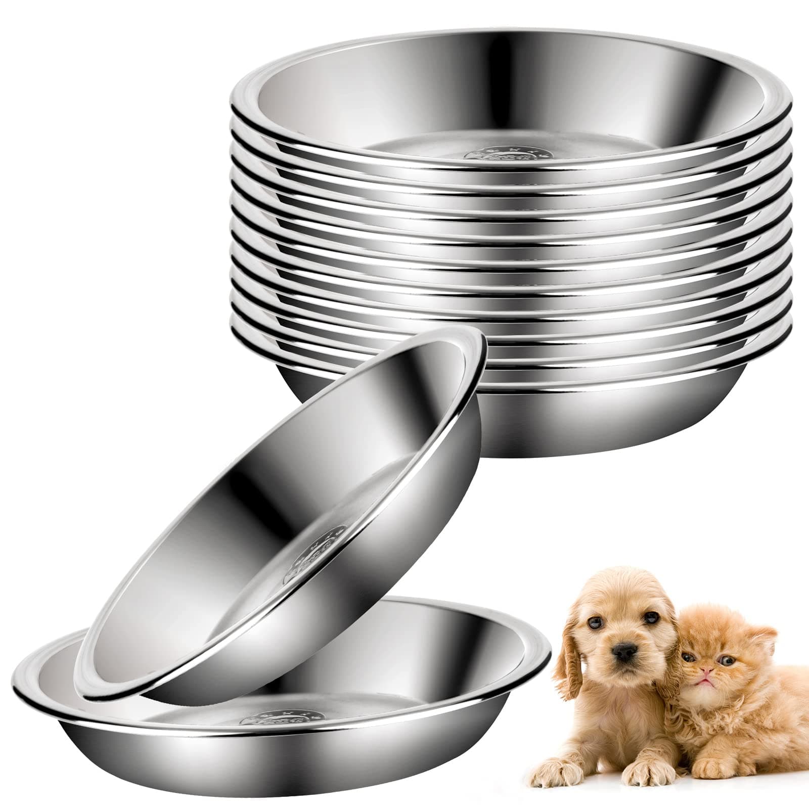 12 Pcs Stainless Steel Cat Bowls Shallow Cat Food Bowls, Replacement Whisker Fatigue Relief Cat Food Dish Bulk for Elevated Stand, Metal Food and Water Dish for Small Dogs and Cats (5.5 Inch Diameter)