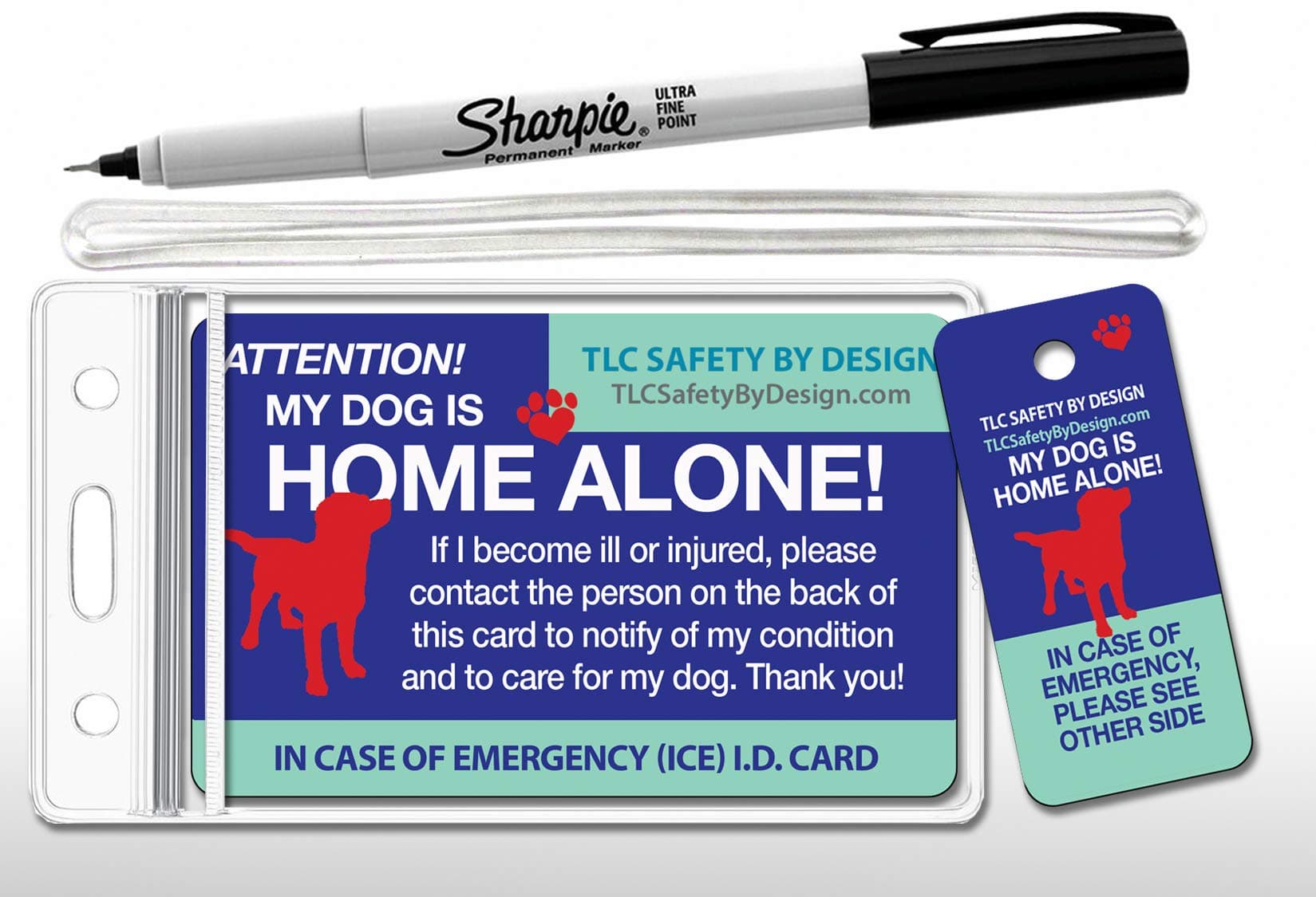 My Dog is Home Alone Pet Alert Emergency ICE ID Plastic Wallet Card and Keytag with Emergency Contact Call Card (Qty. 1 Complete Bundle from TLC)