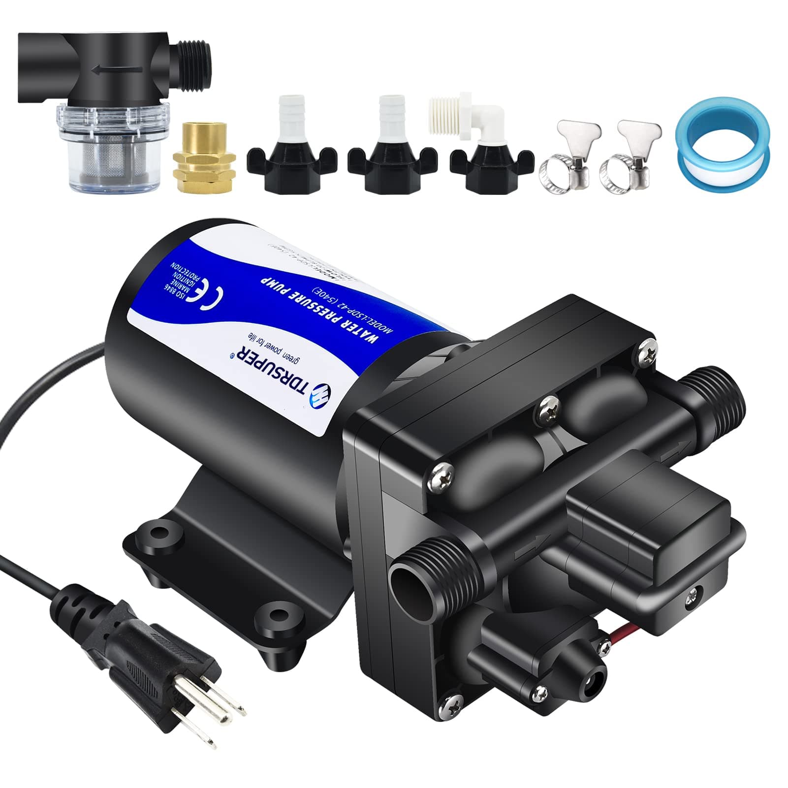 - Water Pressure Booster Pump, 110V AC Water Diaphragm Pump, 5.5GPM 75PSI with Power Plug, Self Priming RV Water Pump for Home Kitchen Bathroom RV Marine Yacht Garden Hose Black