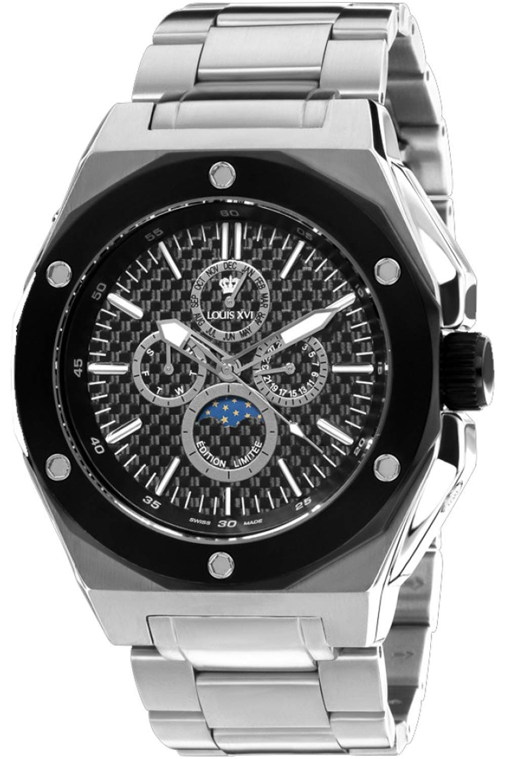 Louis XVI Men's Watch Le Souverain Moon Phase Analog Quartz Steel Band Silver Carbon Swiss Made Stainless Steel 568