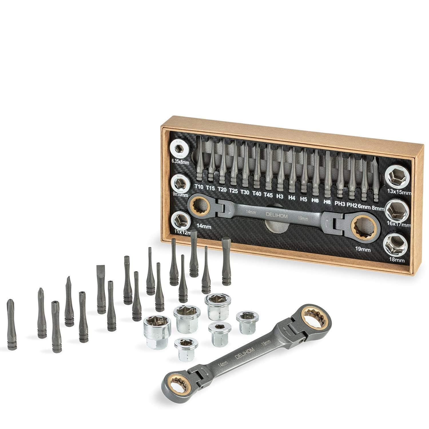 Delihom Ratchet Wrench Set Metric 23PC includes Flex-Head Ratcheting Double Box End Wrench 14-19mm, Socket Set and Screwdriver Bit Set