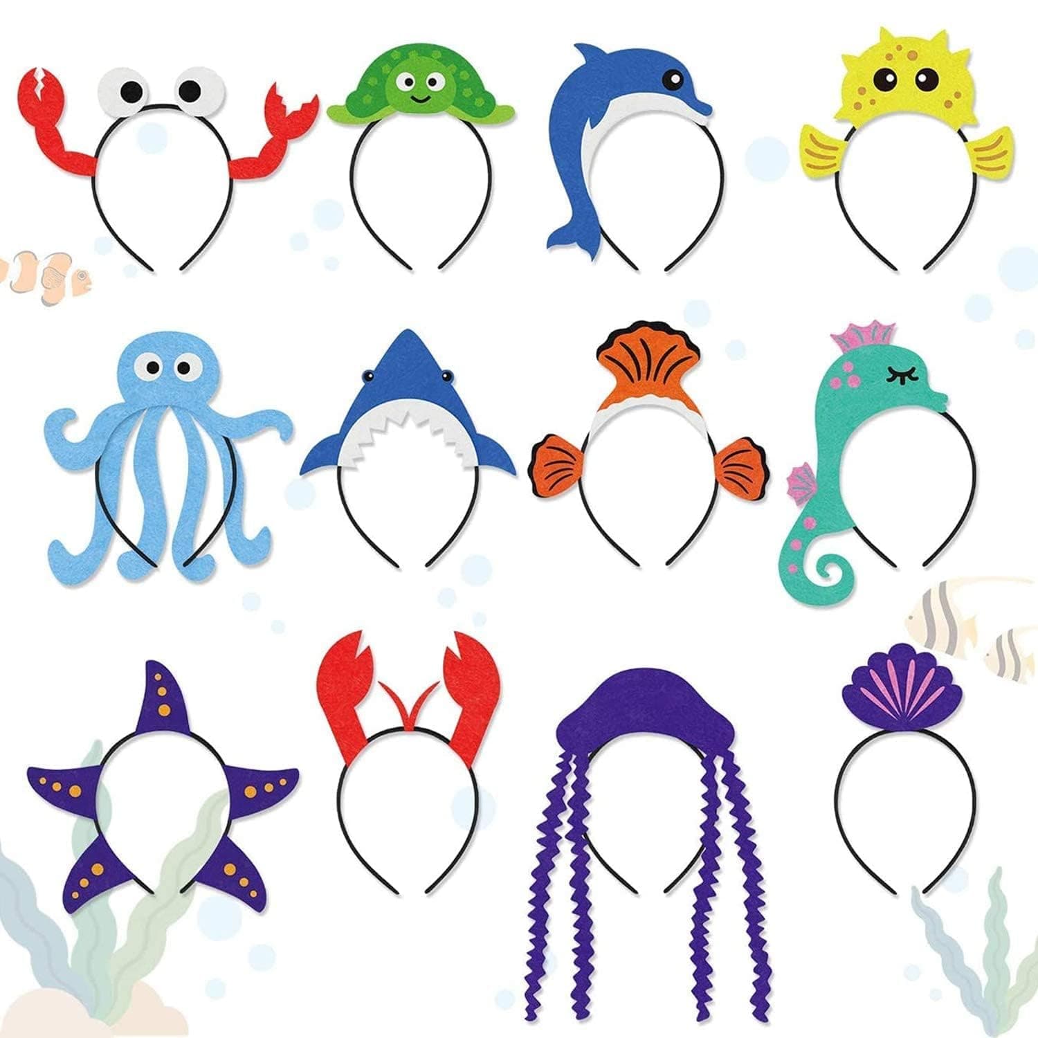 CiyvoLyeen 12Pcs Sea Animal Fish Headband Under the Sea Themed Birthday Ocean Party Favors Decorations for Students Costumes Dress-up Jellyfish Shark Octopus Turtle Dolphin See Horse Lobster Hat