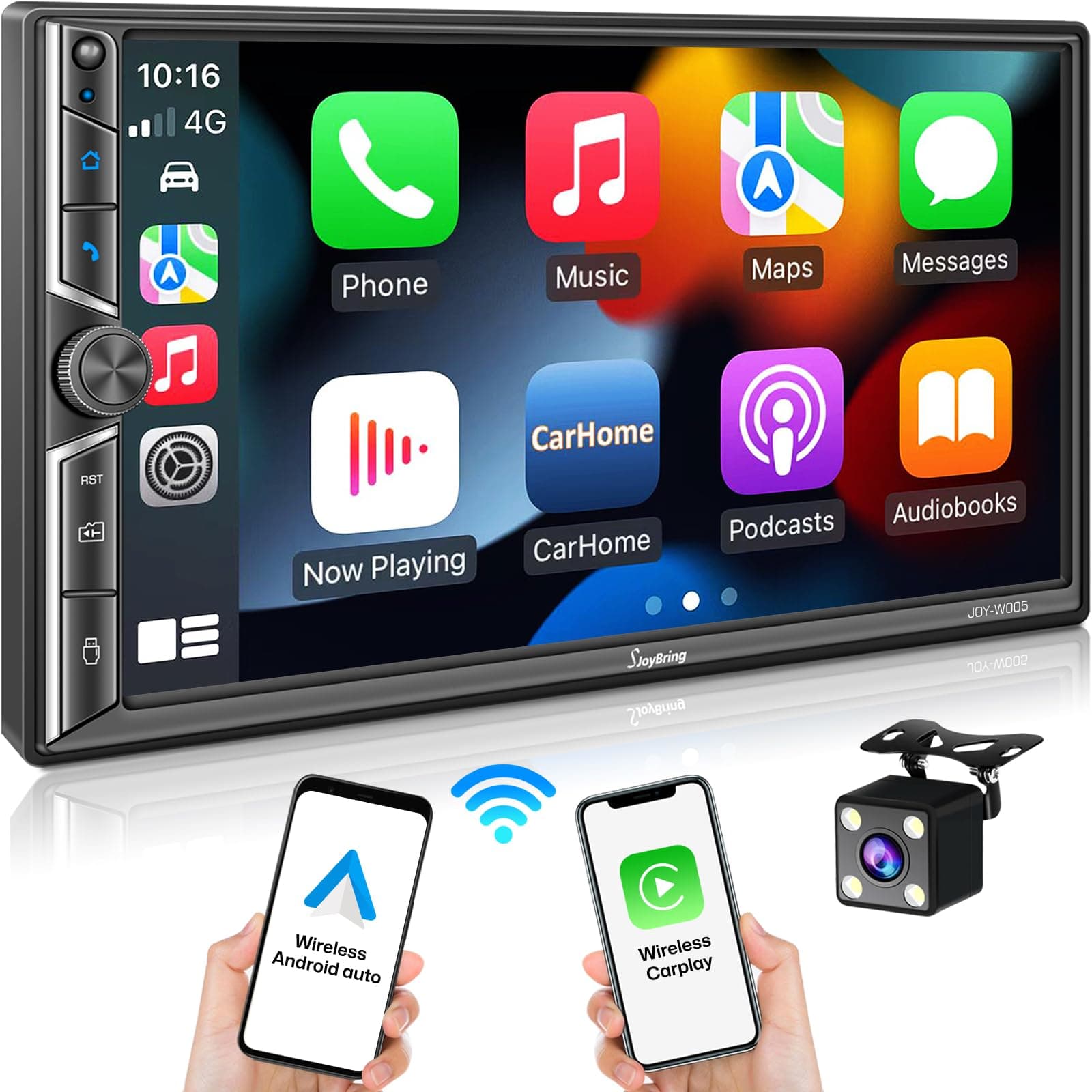 7" Double Din Car Stereo Compatible with Wireless Apple CarPlay & Android Auto, 240W 4.2-Channel Dual Subwoofer Ports, Touchscreen, Bluetooth 5.3, Mirrorlink, Backup Camera, FM/AM Car Radio