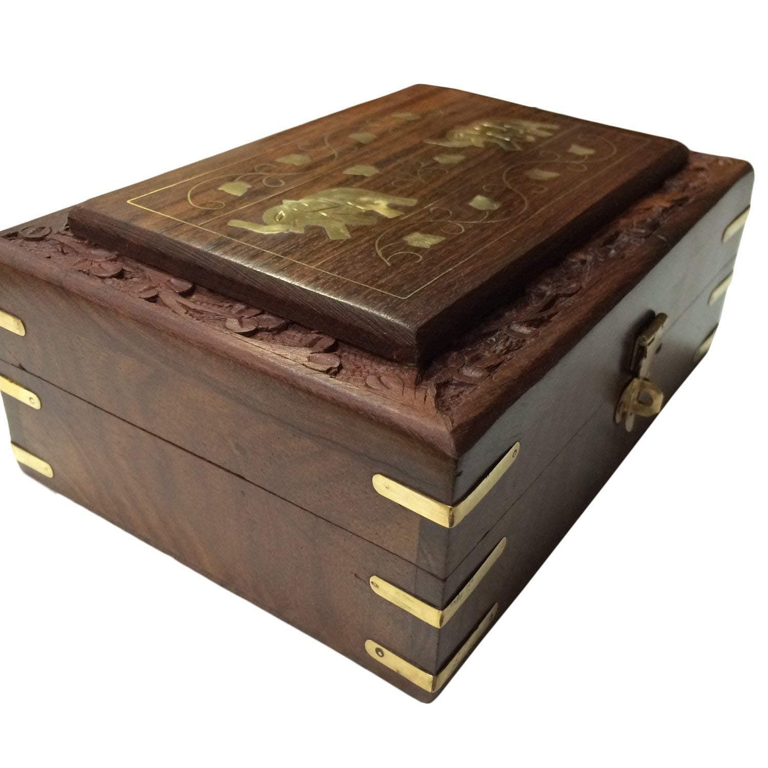 Christmas Gift Wooden Handcrafted Indian Jewelry Box Brass Inlay Unique Elephant Design 7 X 5 Inches