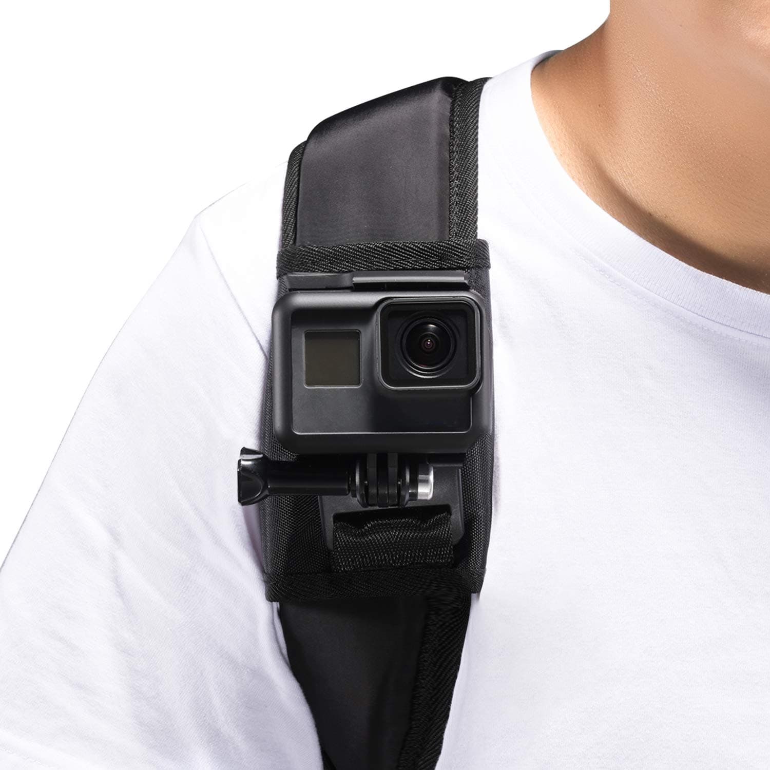 Backpack Shoulder Strap Mount with 360 Degree Adjustable Rotation J Hook Buckle, Hook & Loop Fastener Strap for GoPro Hero (2018) GoPro Hero 11 10 9 8 7 6 5 4 3+ Session, Xiaomi Yi, Sjcam