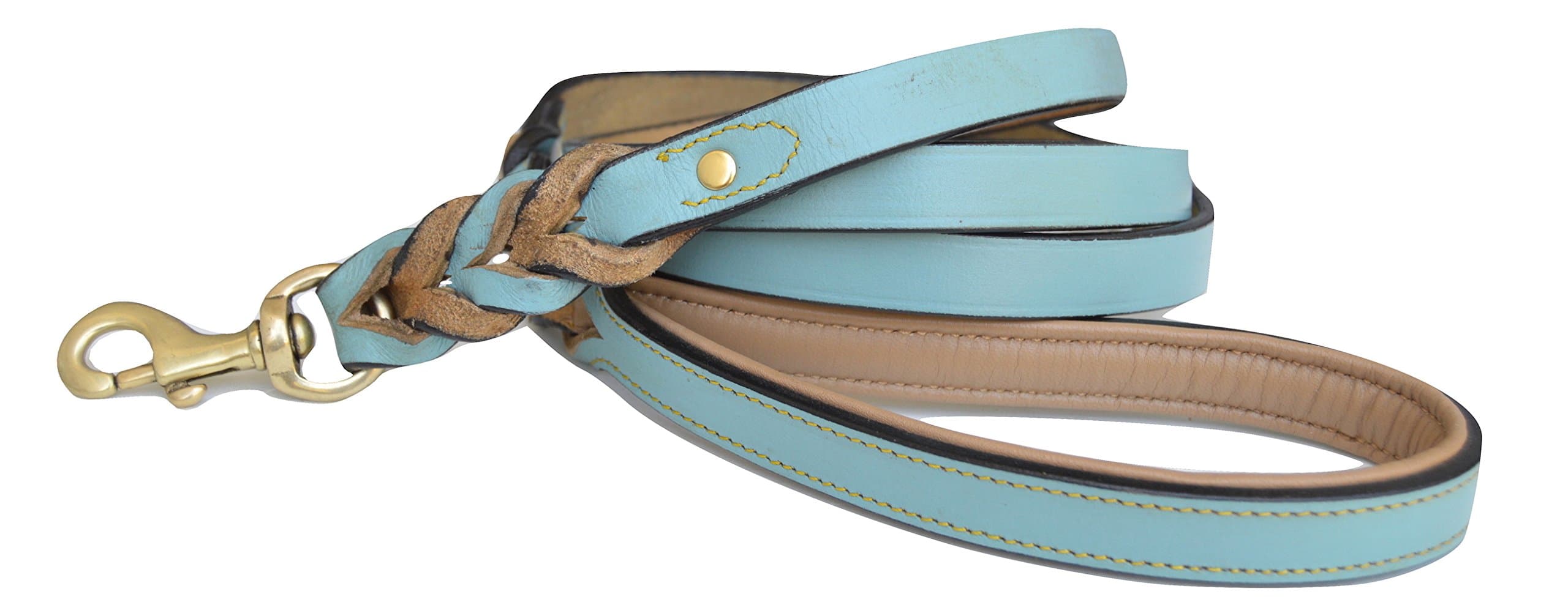 Heavy Duty Leather Braided Dog Leash, 6 ft x 3/4 Inch, Turquoise with Beige Padded Handle