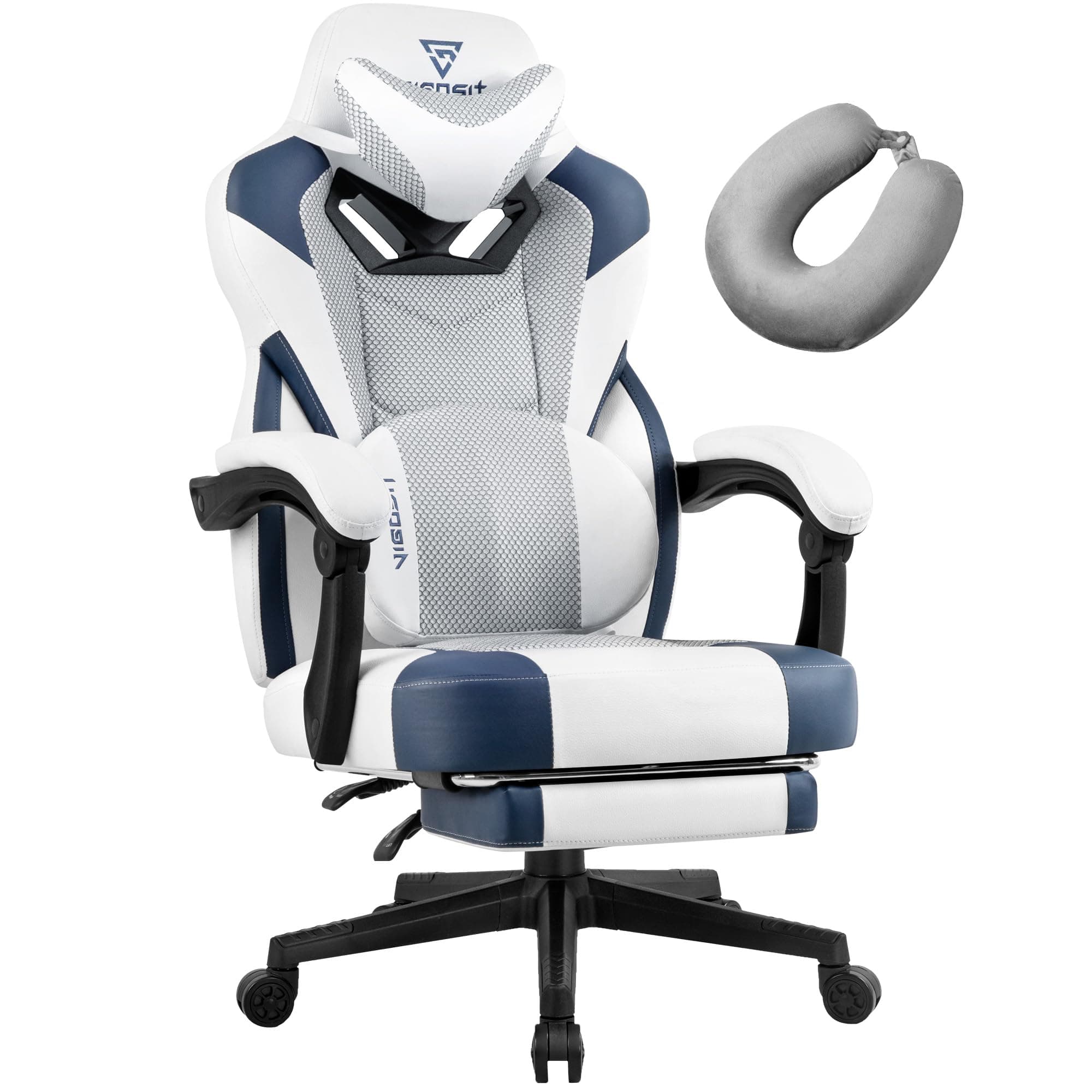 Gaming Chair PRO, Gaming Chairs for Adults Heavy Duty, Ergonomic Office Desk Computer Chair with Footrest and Lumbar Support, Big and Tall Mesh Gamer Chair with Cushion (White Blue)