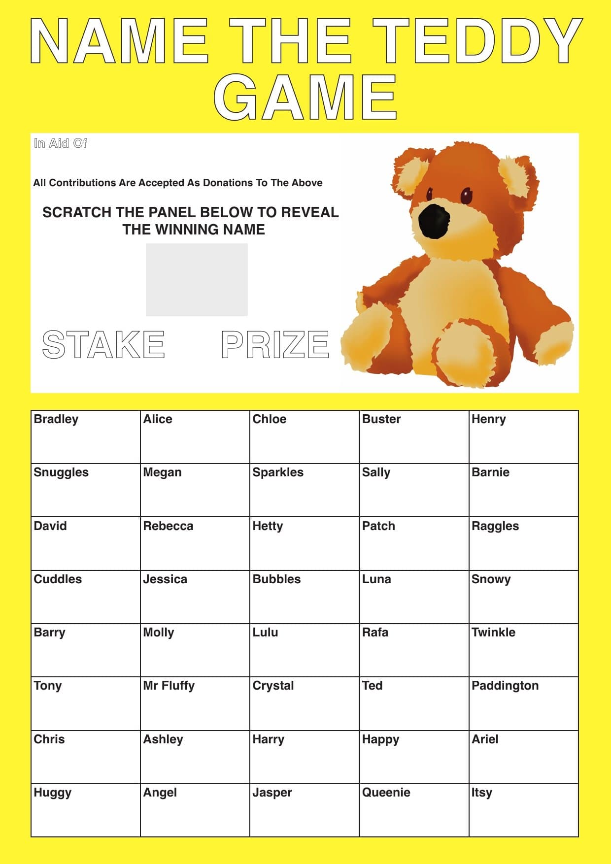 Crystals Name The Teddy Scratch Card Bear Fundraising School fete fair Card.