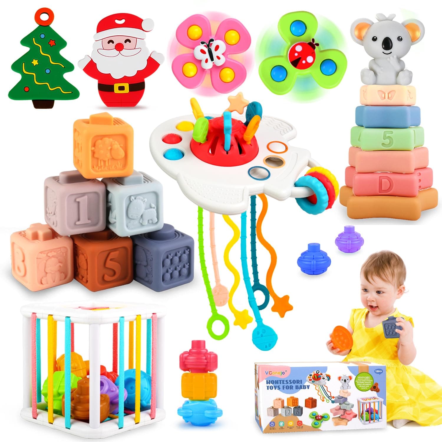 VConejo 8 in 1 Montessori Baby Toys 6-12 Months+, Sensory Toys Set with Stacking Building Blocks, Pull String, Teething Toy for Toddlers 1+ Years