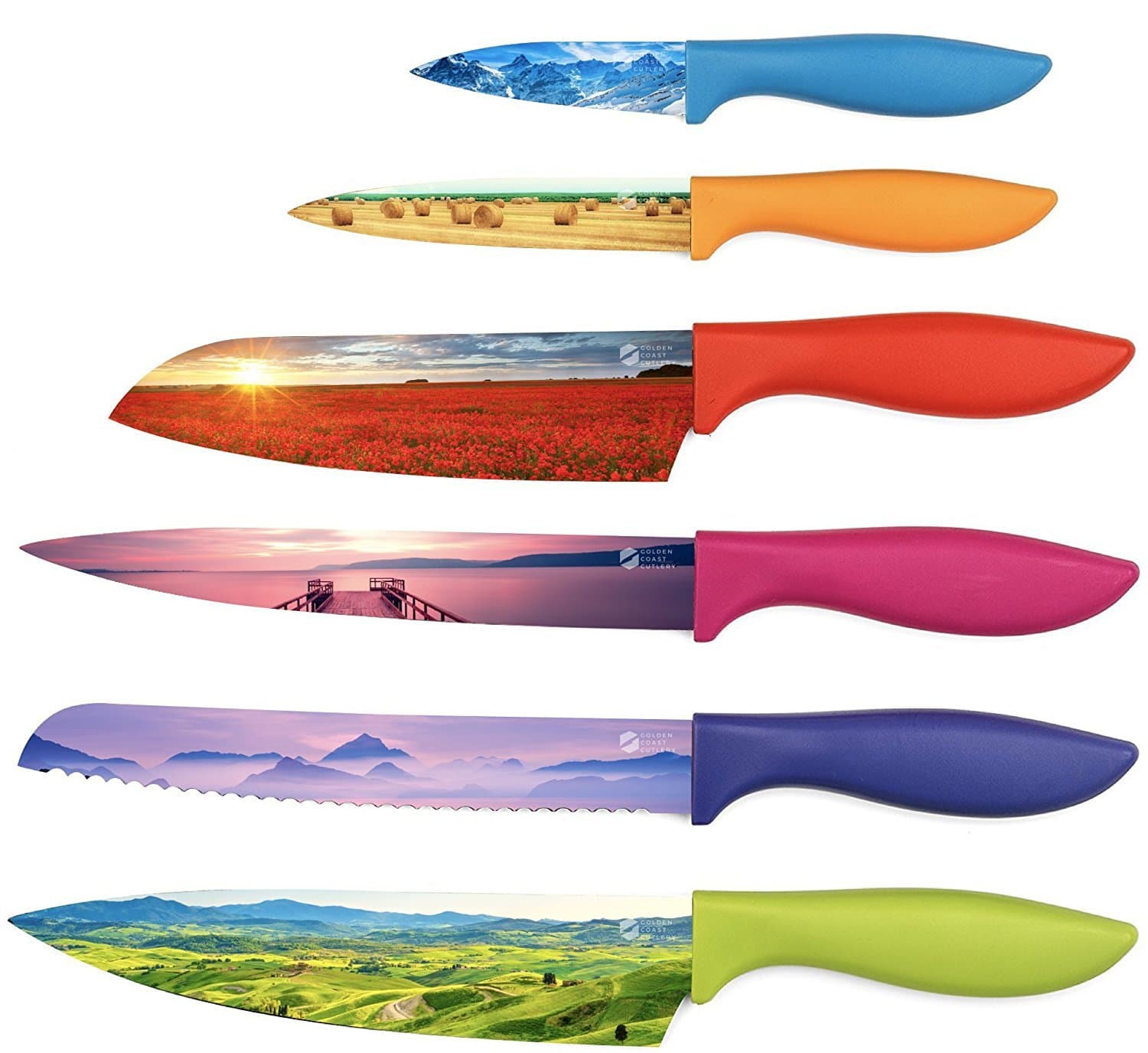 Set of 6 Landscape Kitchen Chef's Knives - Beautifully Designed Razor-Sharp Premium Gift Artisanal Set With Non-Stick Surface Finish -