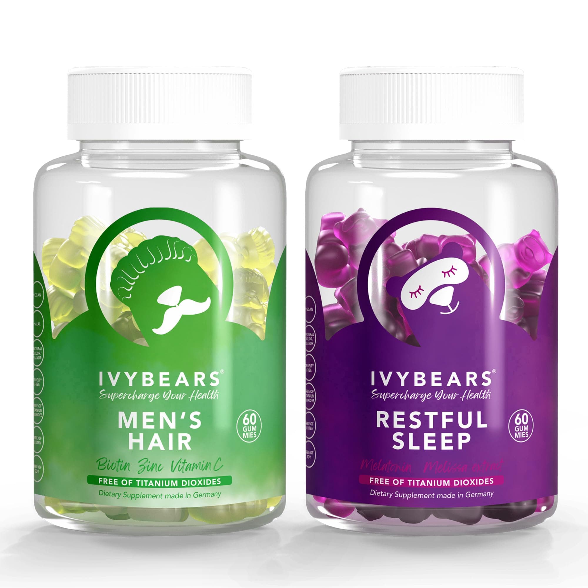 IvyBears® Men’s Hair Vitamins & Restful Sleep Gummies – Biotin, Zinc & Melatonin with L-Theanine & Lemon Balm – Vegan Hair Growth and Sleep Support – 2-Pack