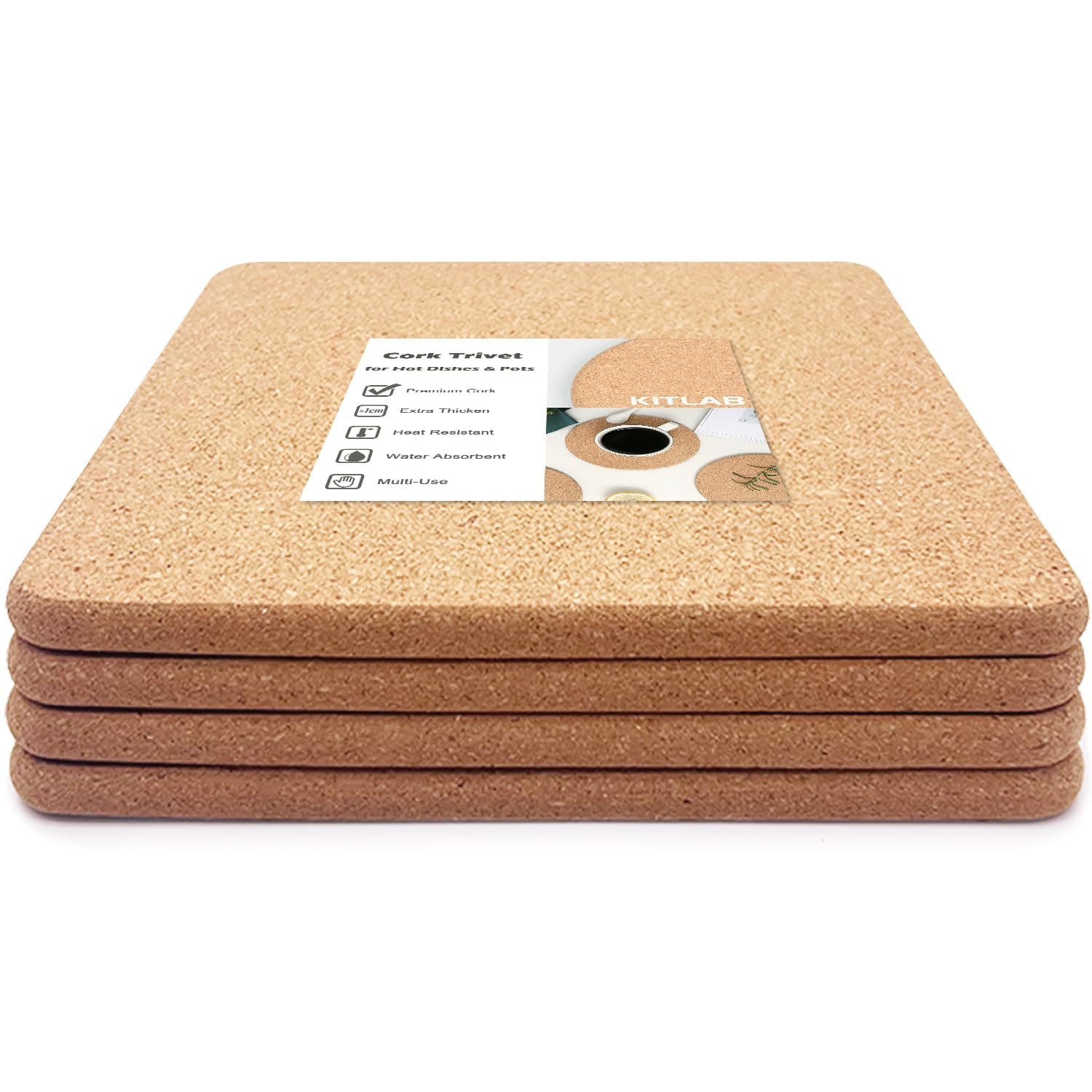 Cork Trivet, 4 Pcs High Density Thick Square Cork Trivets for Hot Dishes, 8 Inch Heat Resistant Multifunctional Cork Coaster, Cork Hot Pads for Table & Countertop