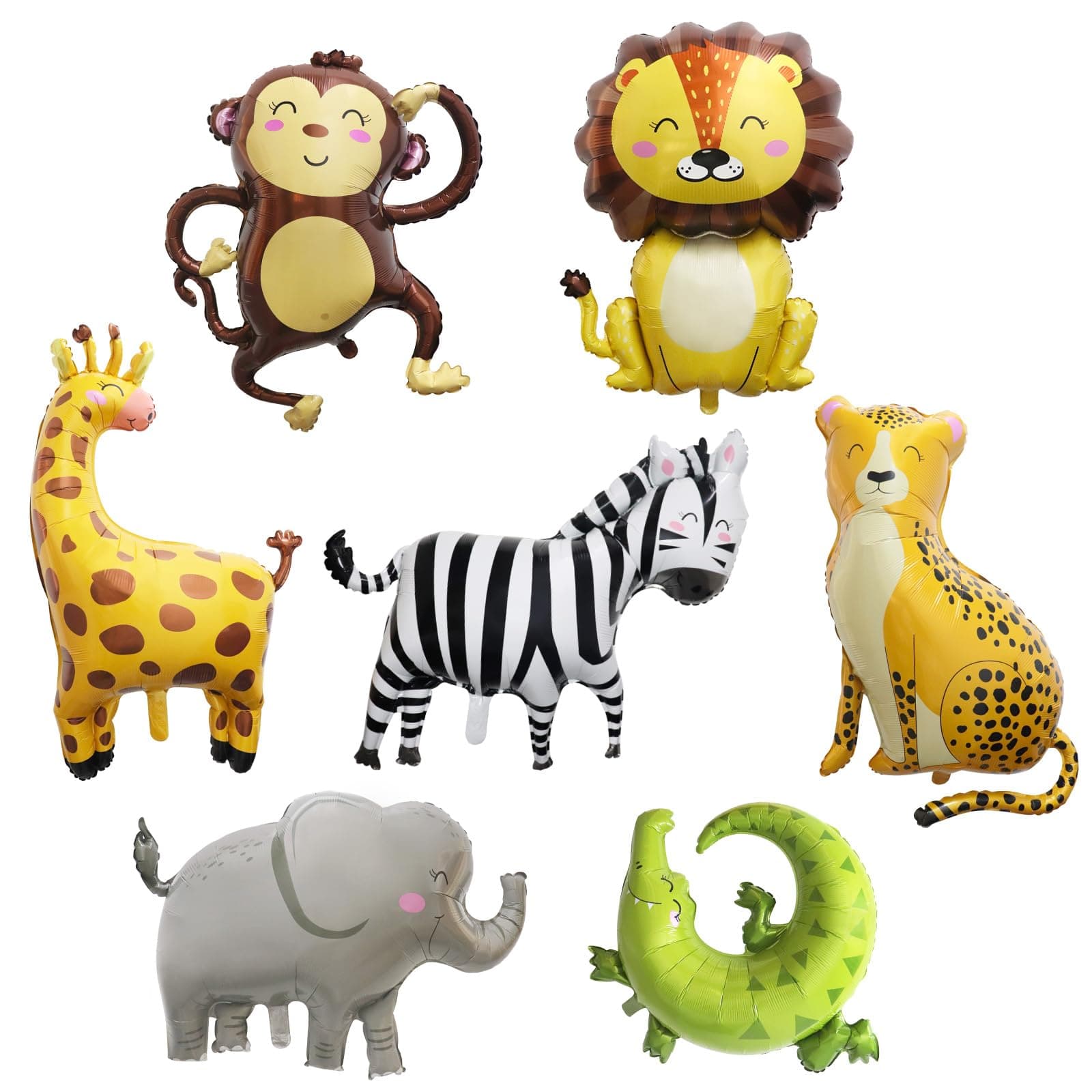 7pcs Jungle Safari Animals Balloons, Animal Shaped Foil Helium Balloon with Ribbon and Straw, Forest Theme Party Decoration (Animal)