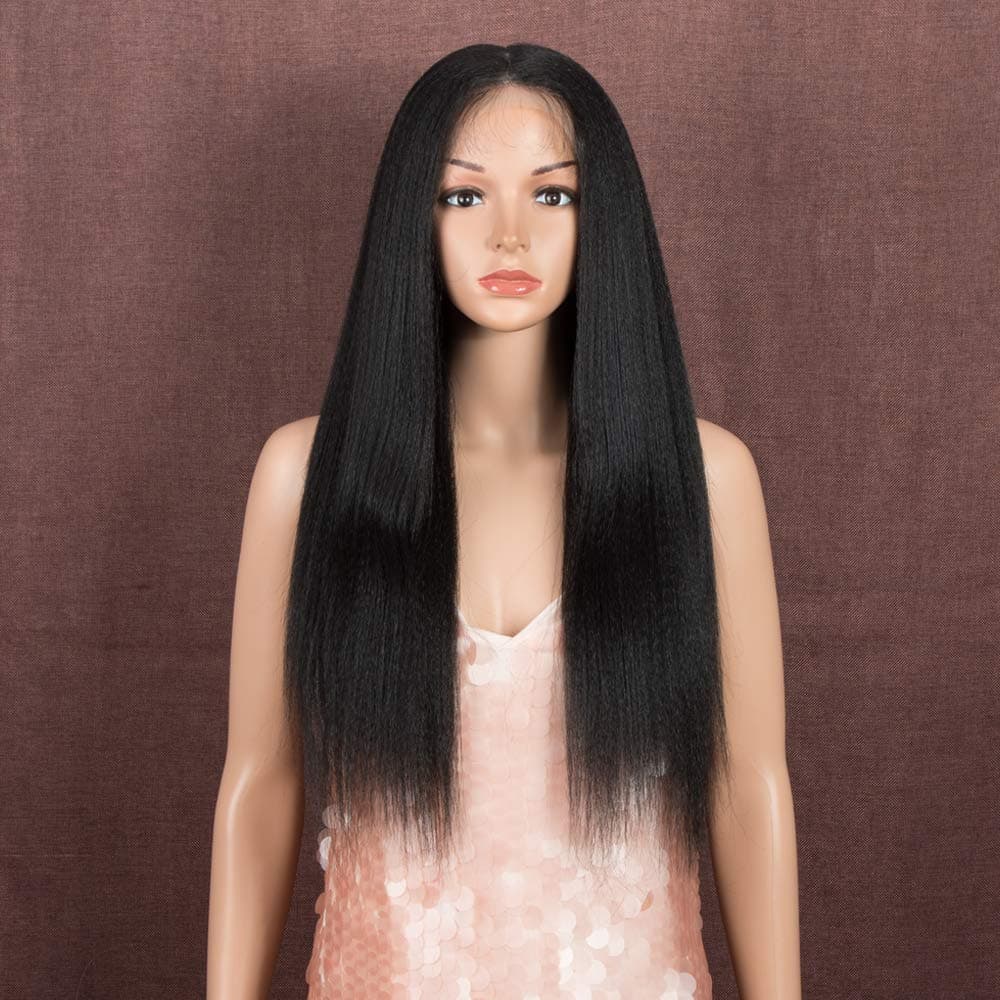 Style Icon Lace Front Wig 24 Inches YAKI Straight Synthetic Hair Wig Free Part Wig For Women Heat Resistant Fiber (4"*4" Simulated Scalp, 1B)