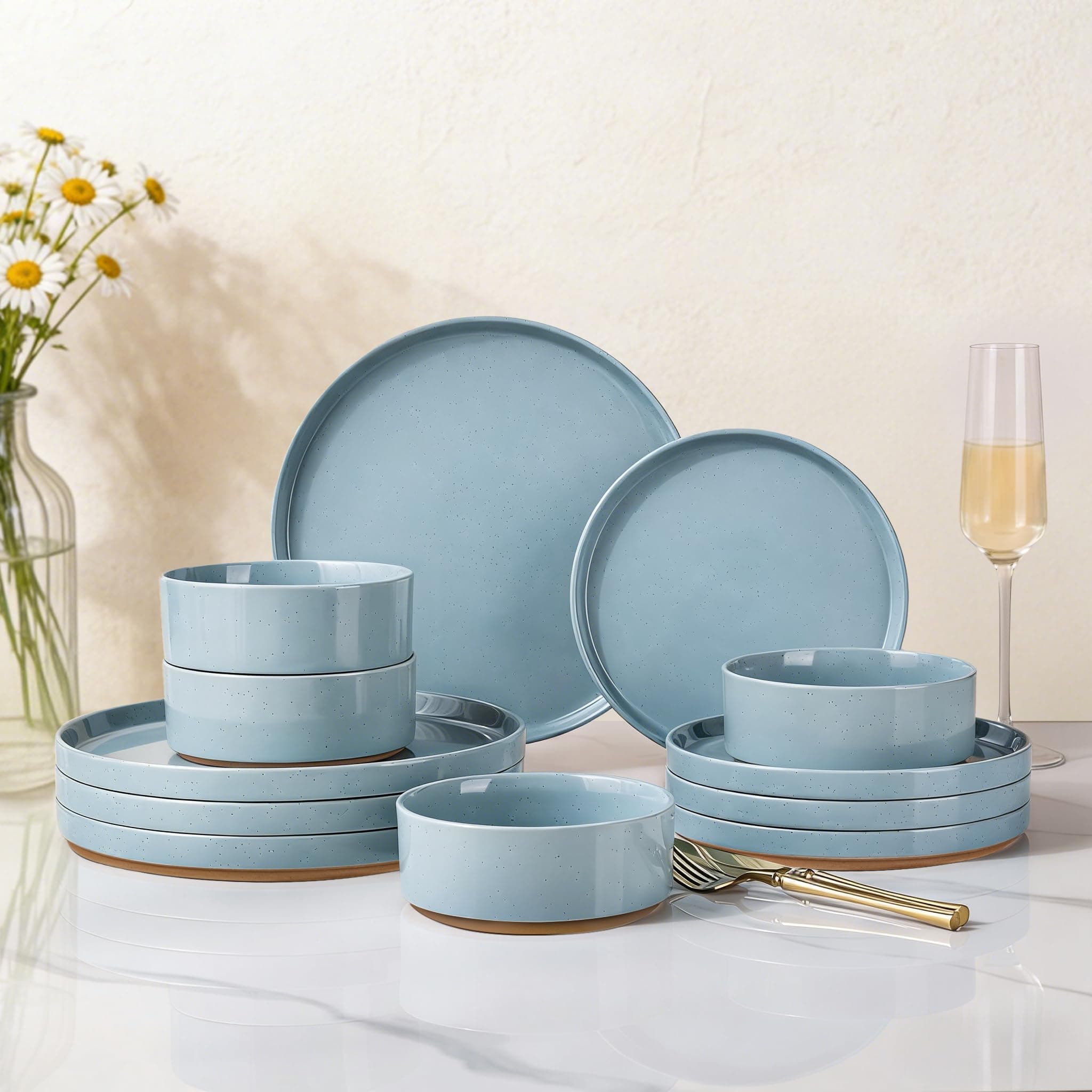 AmorArc Ceramic Dinnerware Set for 4 | Speckled Stoneware Plates and Bowls with unglazed terracotta | Scratch Resistant, Dishwasher & Microwave Safe Dishes Sets- 12-Pcs Blue