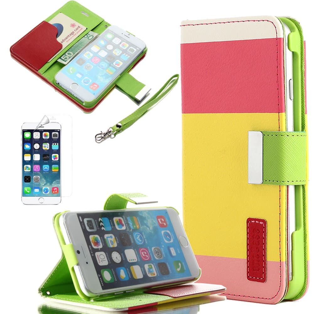 oneCase PU Leather Wallet Type Magnet Design Flip Stand Case Cover Card Slot for Apple iPhone 6 (4.7 inch Screen) with Screen Protector (Red/Yellow/Pink)