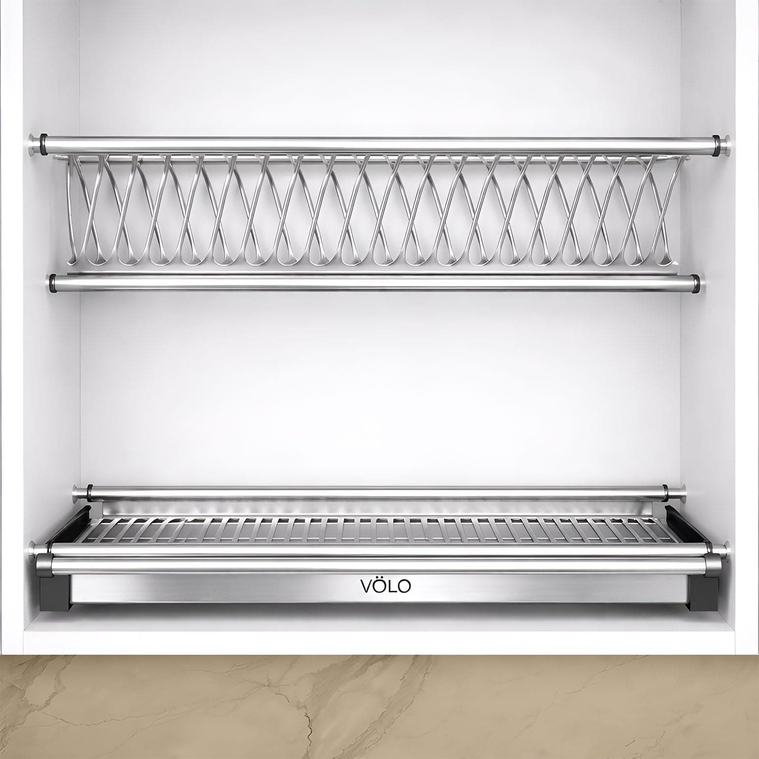 VOLO | Pack of 3 | Stainless Steel Dish Plate Rack Drainer for Kitchen Cabinet 60 cm (600 mm) – Two Tier Modular Kitchen Dish Organizer with Drip Tray