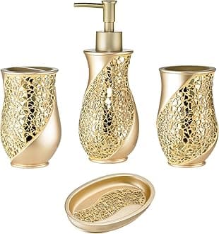 4pc Sinatra Stylish Bathroom Accessories Set Champagne Gold Soap Dispenser Pump, Tumbler, Tooth Brush Holder and Soap Dish Modern Decor Bling Mosaic Glass Gold Bathroom Accessories