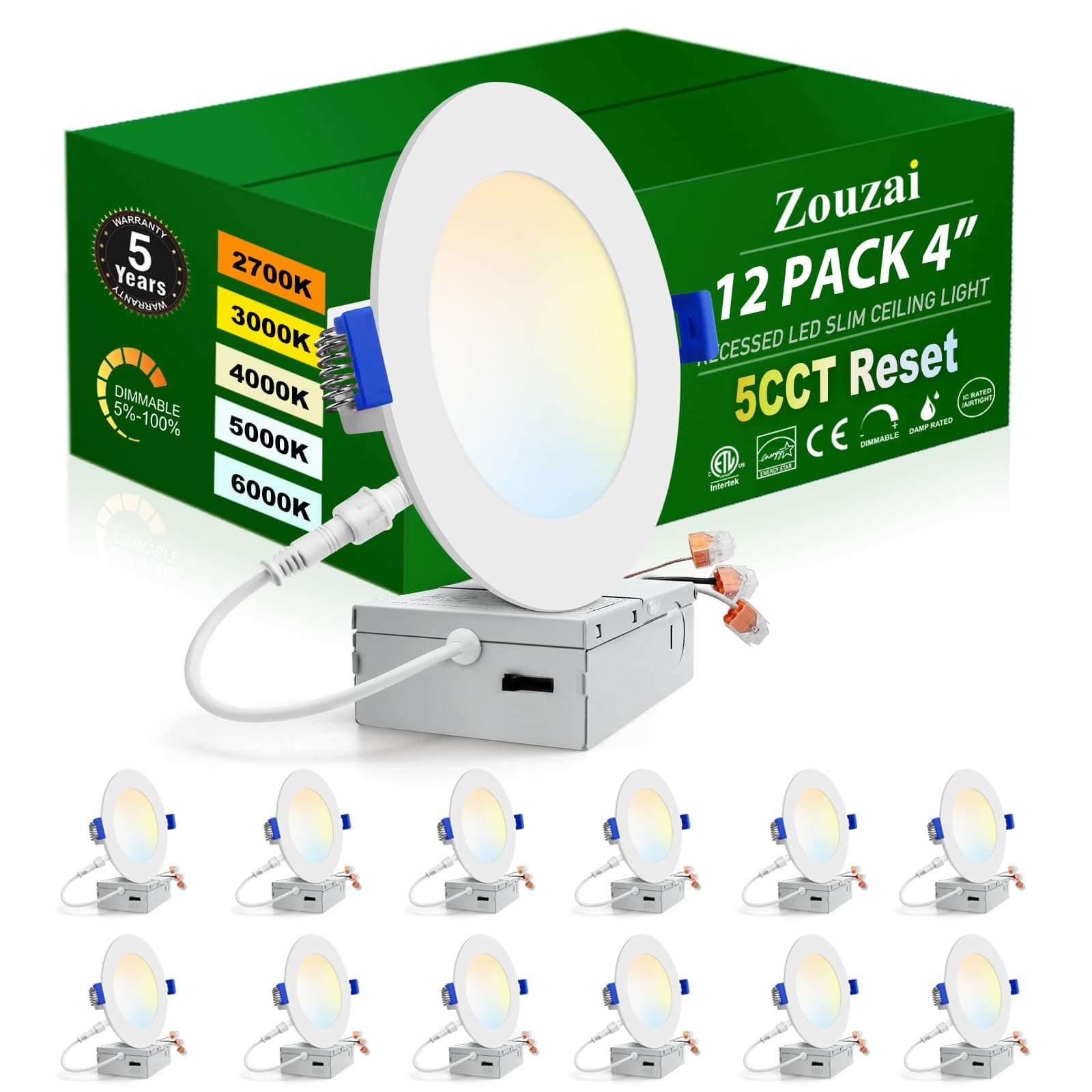 zouzai 12 Pack 4 Inch 5CCT Reset 6000k/5000k/4000k/3000k/2700k Ultra-Thin LED Recessed Ceiling Light with Junction Box, 9W Eqv 80W, Dimmable, led can Lights - ETL and Energy Star Certified