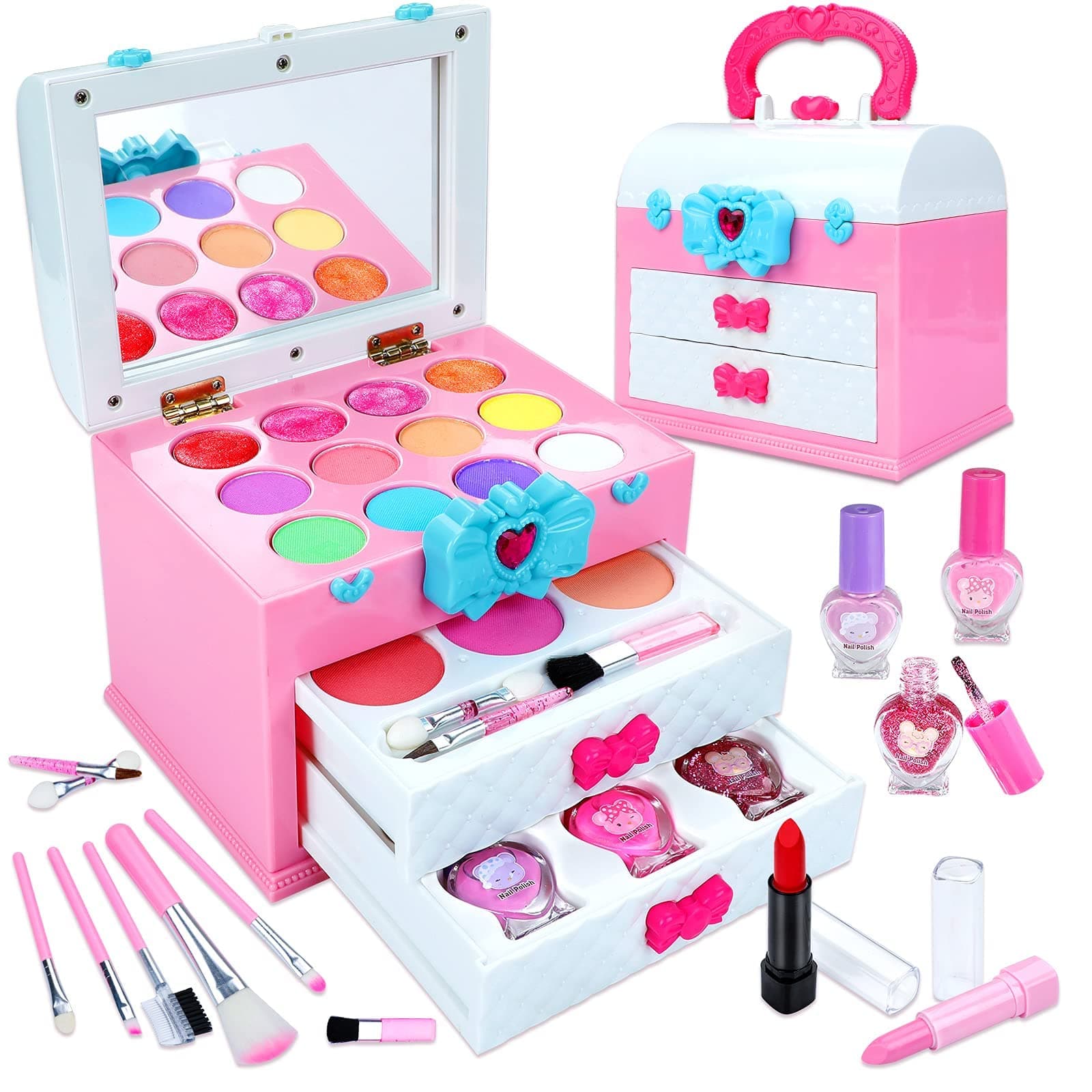 PYEBE Washable Kids Makeup Kit for Little Girls 3-8, Real Makeup Toy Set with Portable Makeup Box, Lipsticks, Brushes and Mirror for Kids Toddlers Pretend Play Birthday Christmas