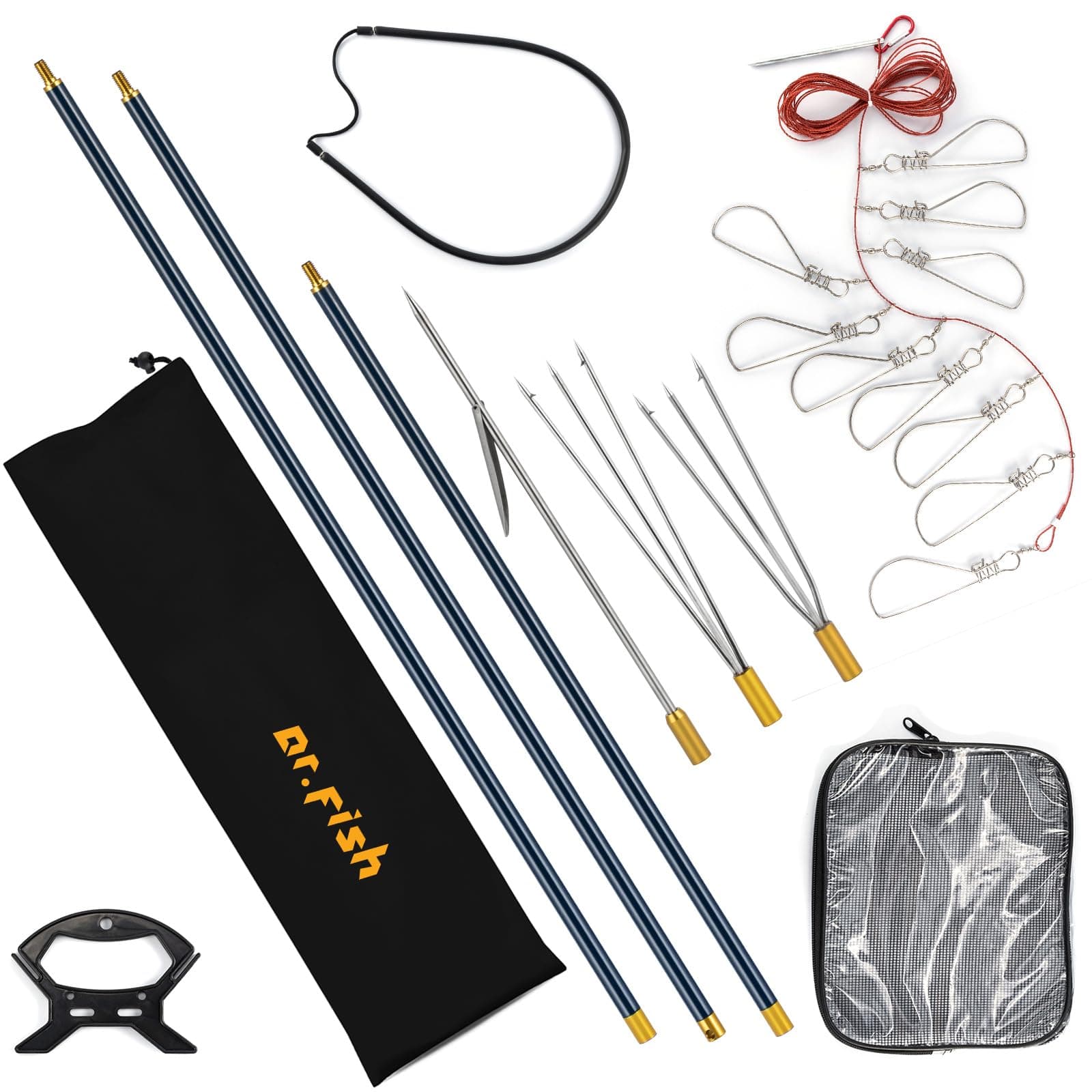 Spearfishing Kit 6'5" Fiberglass 3-Piece Hawaiian Sling Pole Spear Paralyzer 3 Tips Set Stainless Steel Fishing Stringer Harpoon Travel Bag
