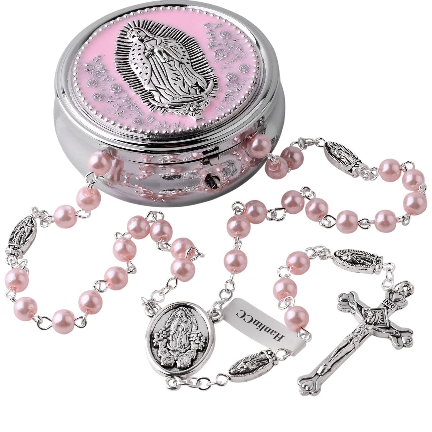 HanlinCC 6mm Glass Pearl Beads Catholic Our Lady of Guadalupe Rosary Necklace for Women and Men with Virgin Mary Center Piece and Crucifix with Metal Gift Box