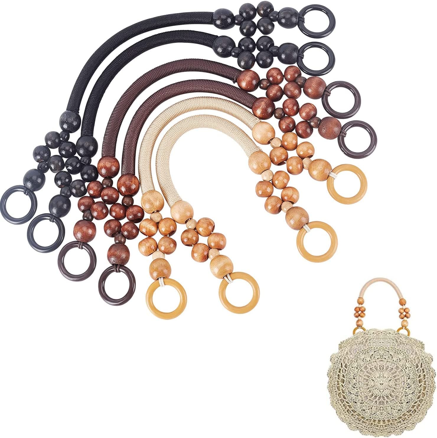 PH PandaHall 6pcs Wooden Beaded Bag Handles, 3 Colors Purse Handles Nylon Rope Purse Straps Replacement Bag Handles U-Shape Purse Handles for Bag Making Shoulder Bag Handbag DIY Crochet Bag, 18 Inch