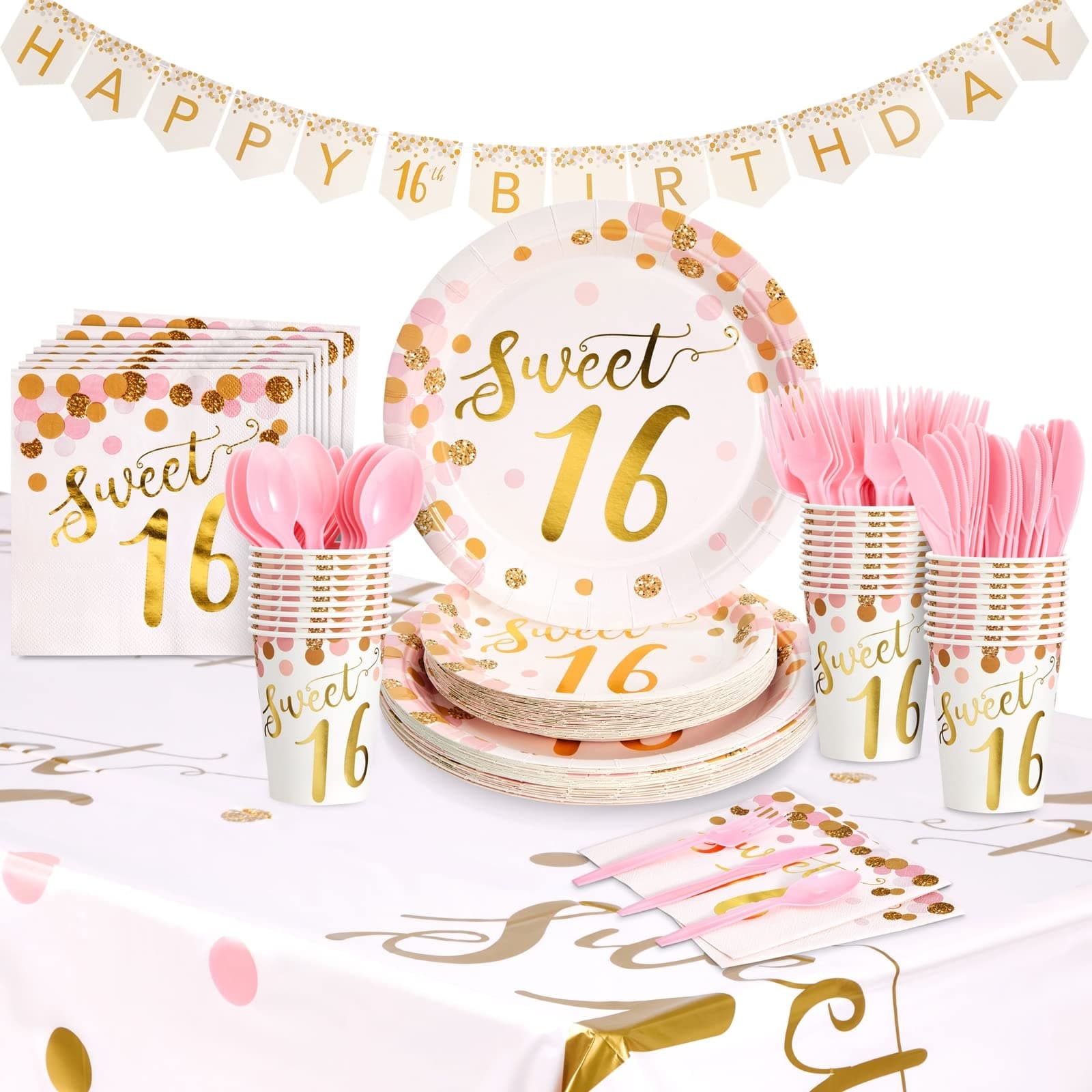 BLUE PANDA Rose Gold Sweet 16 Birthday Decorations for Girls - Sweet 16 Birthday Party Supplies with Disposable Dinnerware Set, Table Cover, Banner - 170-Piece Party Set (Serves 24)